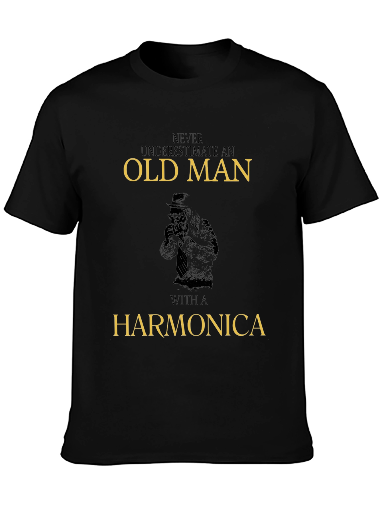 Black Old Man Harmonica Graphic T-Shirt view 3