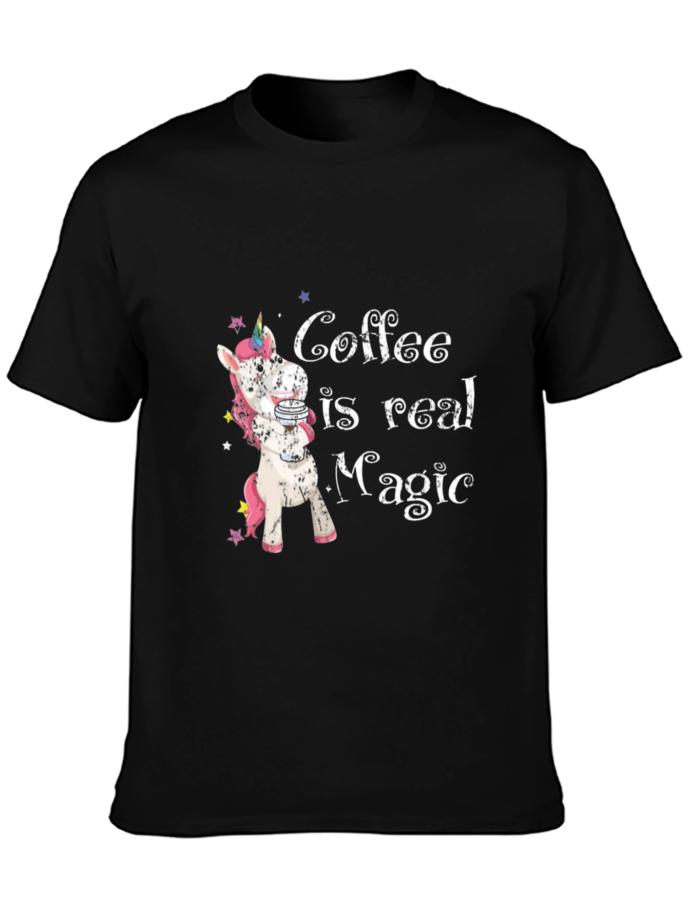 Black Coffee is Real Magic T-Shirt - Unicorn Design view 3