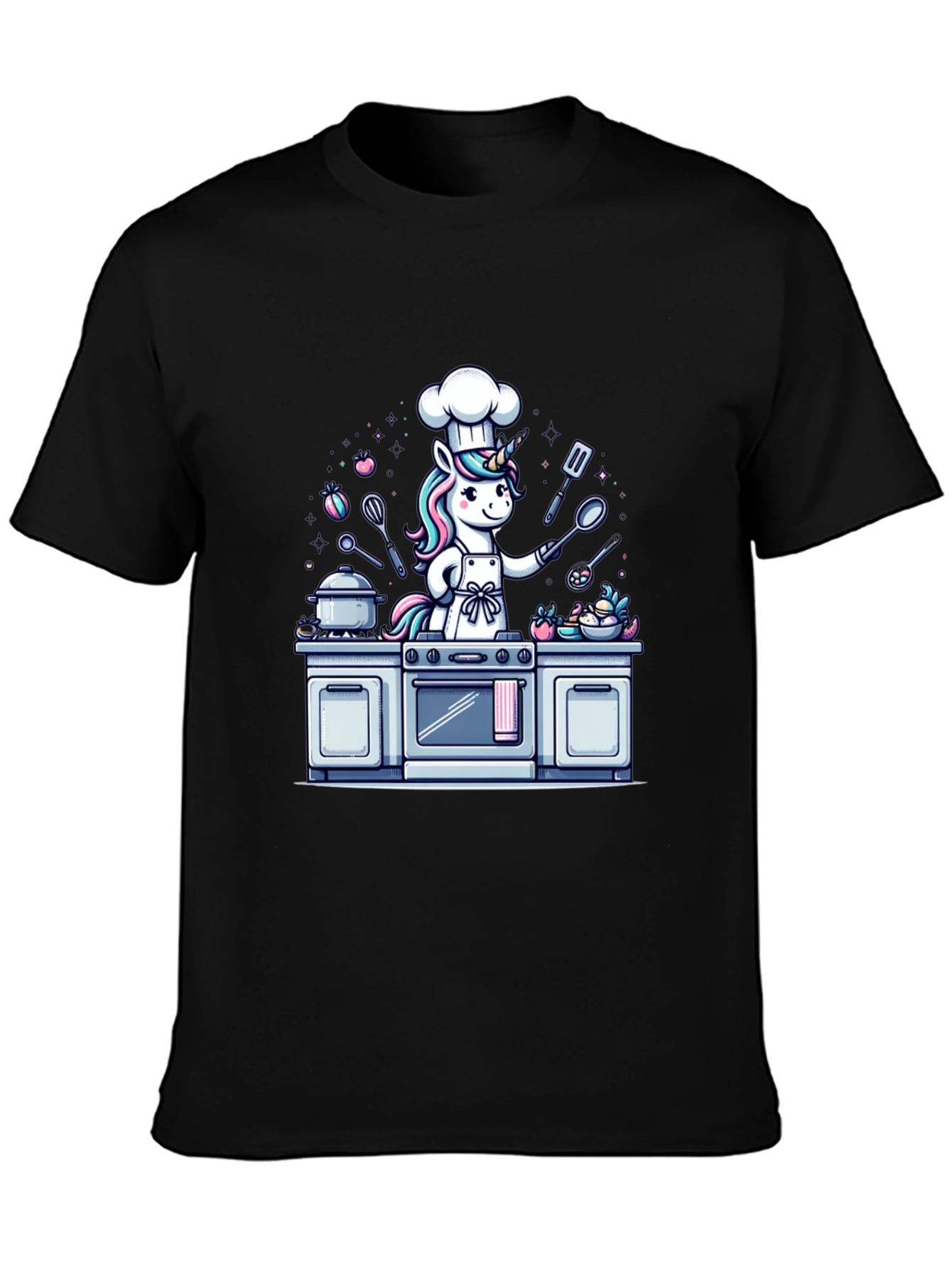 Black Unicorn Chef T-Shirt - Cartoon Graphic Tee view 3