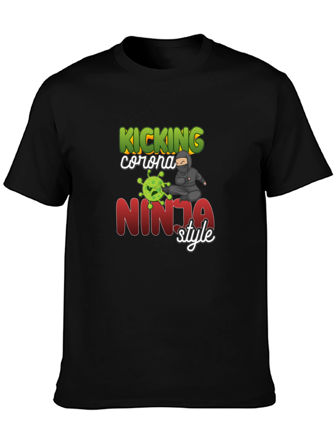 Black Kicking Corona Ninja Style T-Shirt view 3