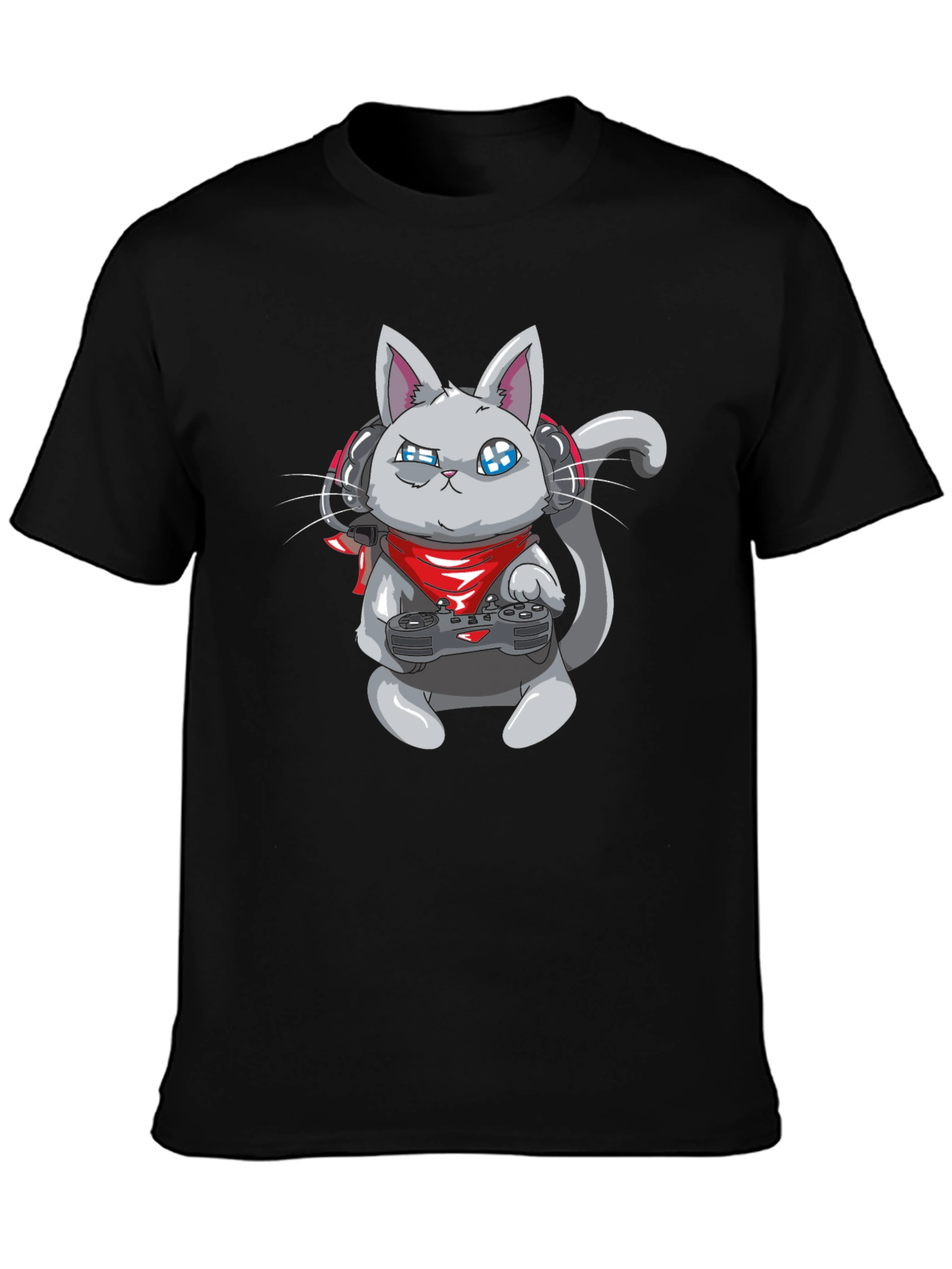 Black Gamer Cat Black T-Shirt - Gaming Cartoon Tee view 3