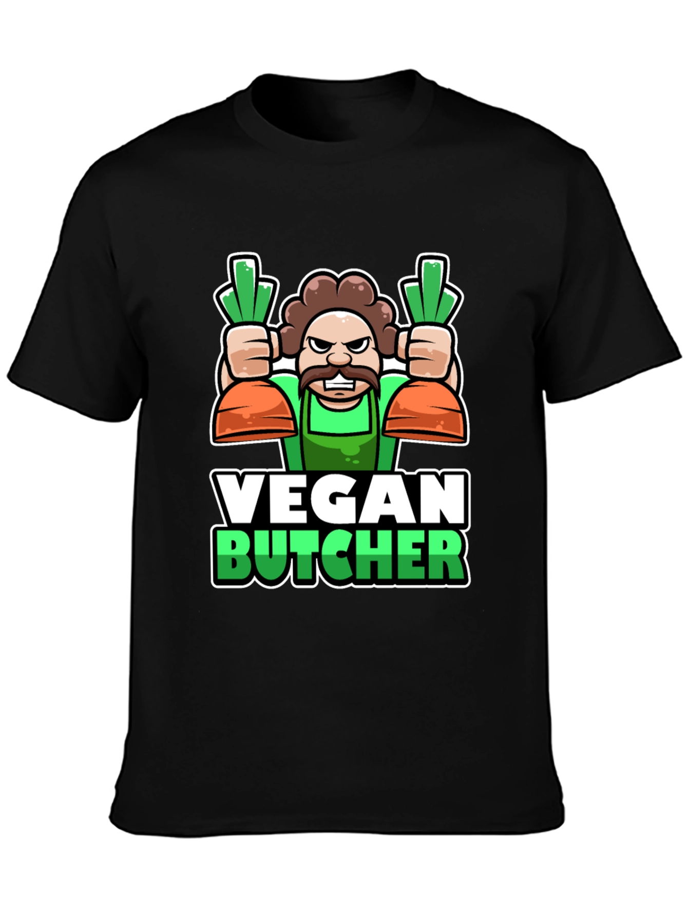Black Vegan Butcher T-Shirt: Cartoon Carrot Design view 3