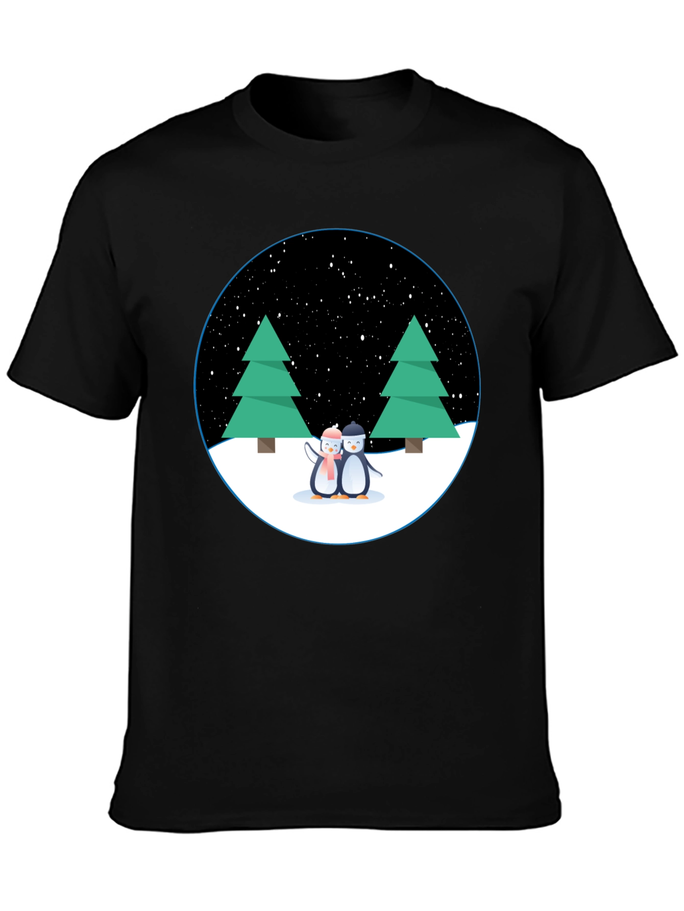 Black Penguin Winter Scene Black T-Shirt view 3