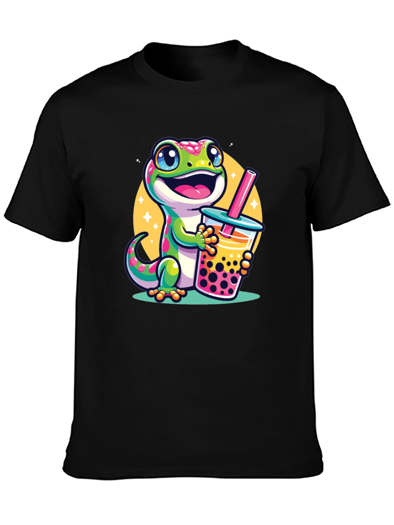 Black Cute Gecko Boba Tea Graphic T-Shirt view 3