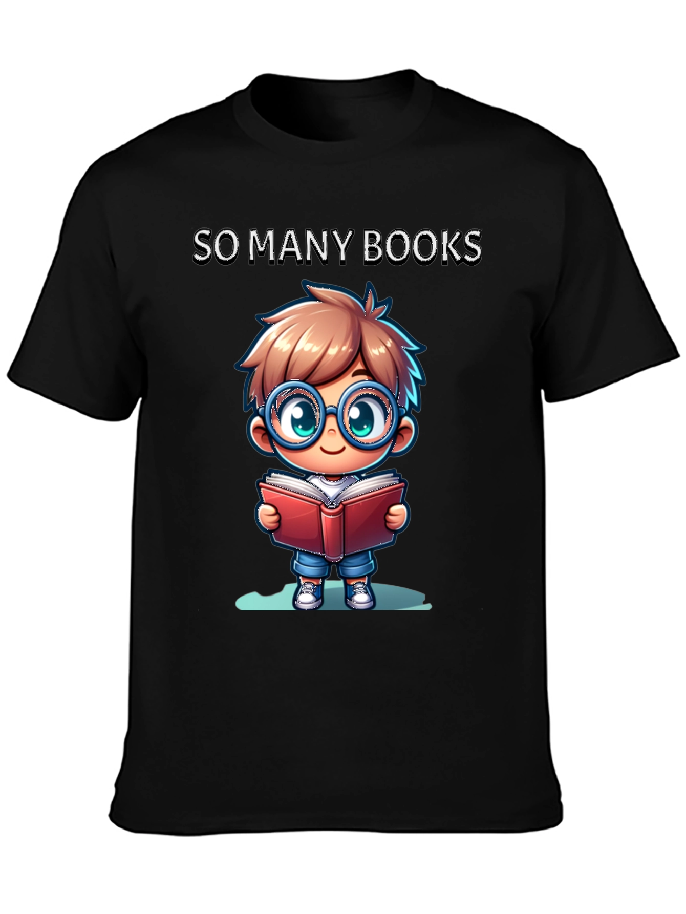 Black So Many Books T-Shirt: Cartoon Boy Reader view 3