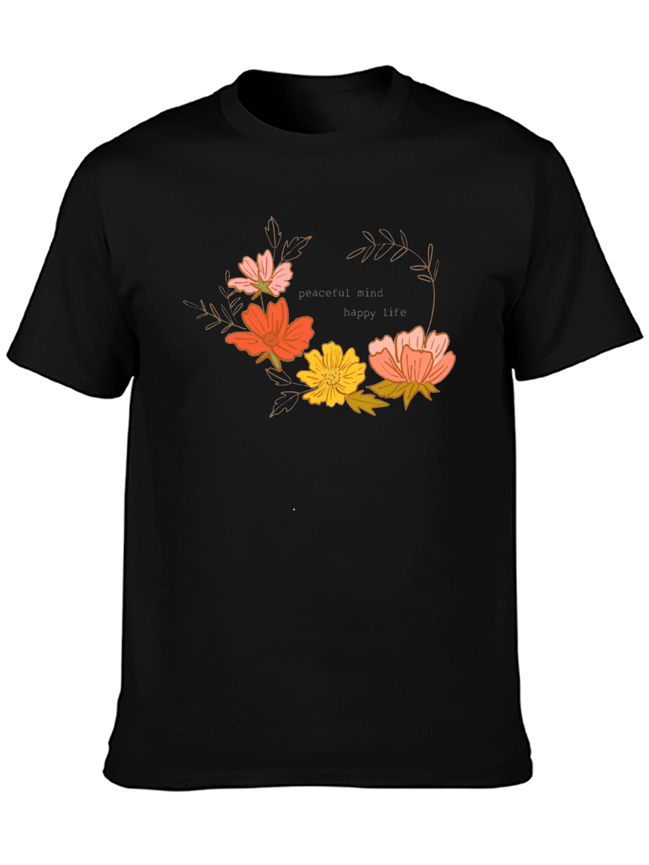 Floral Wreath Graphic T-Shirt - Peaceful Mind, Happy Life - 3