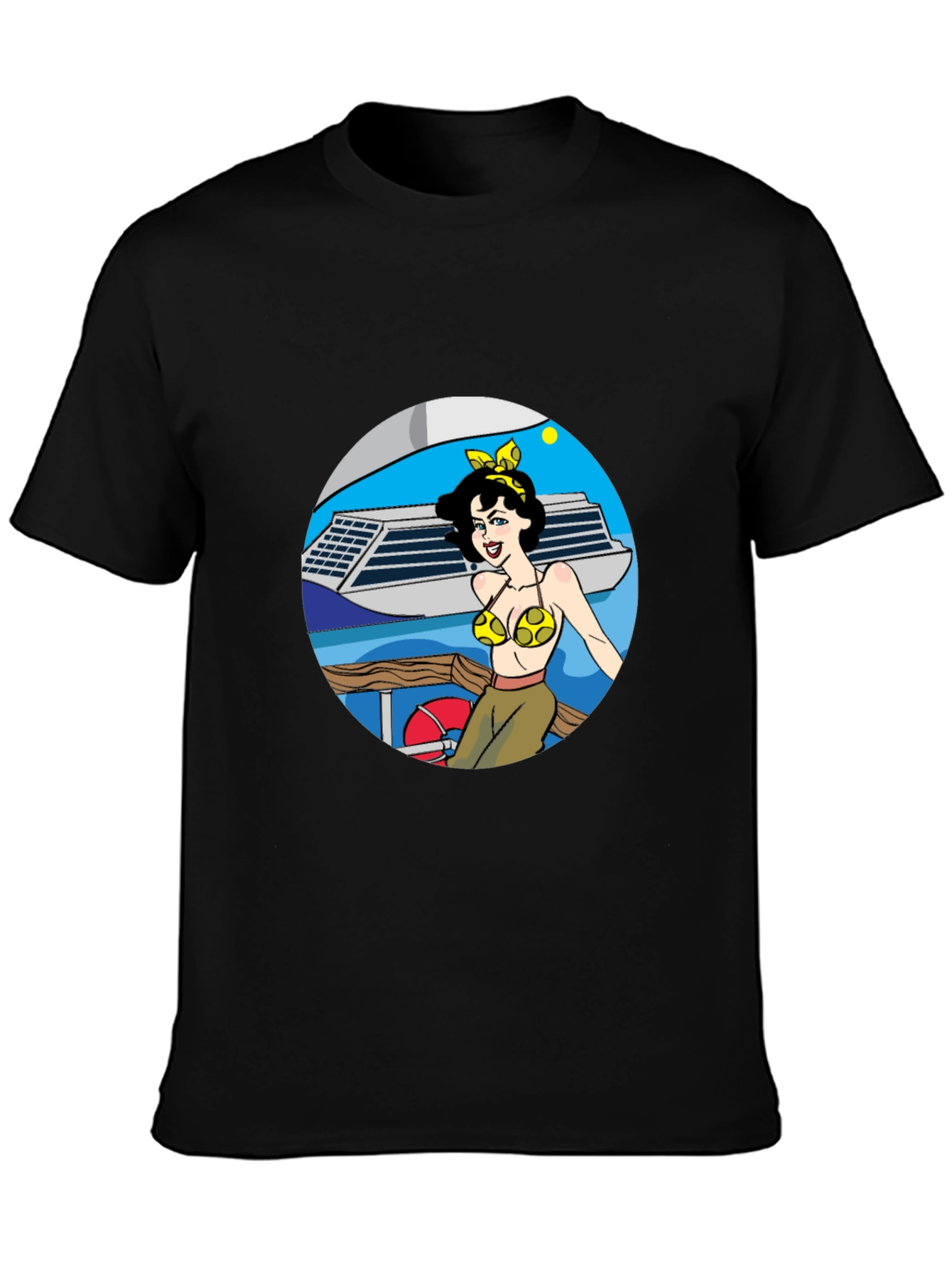 Black Cartoon Woman on Boat Graphic Tee - Black Cotton Blend view 3