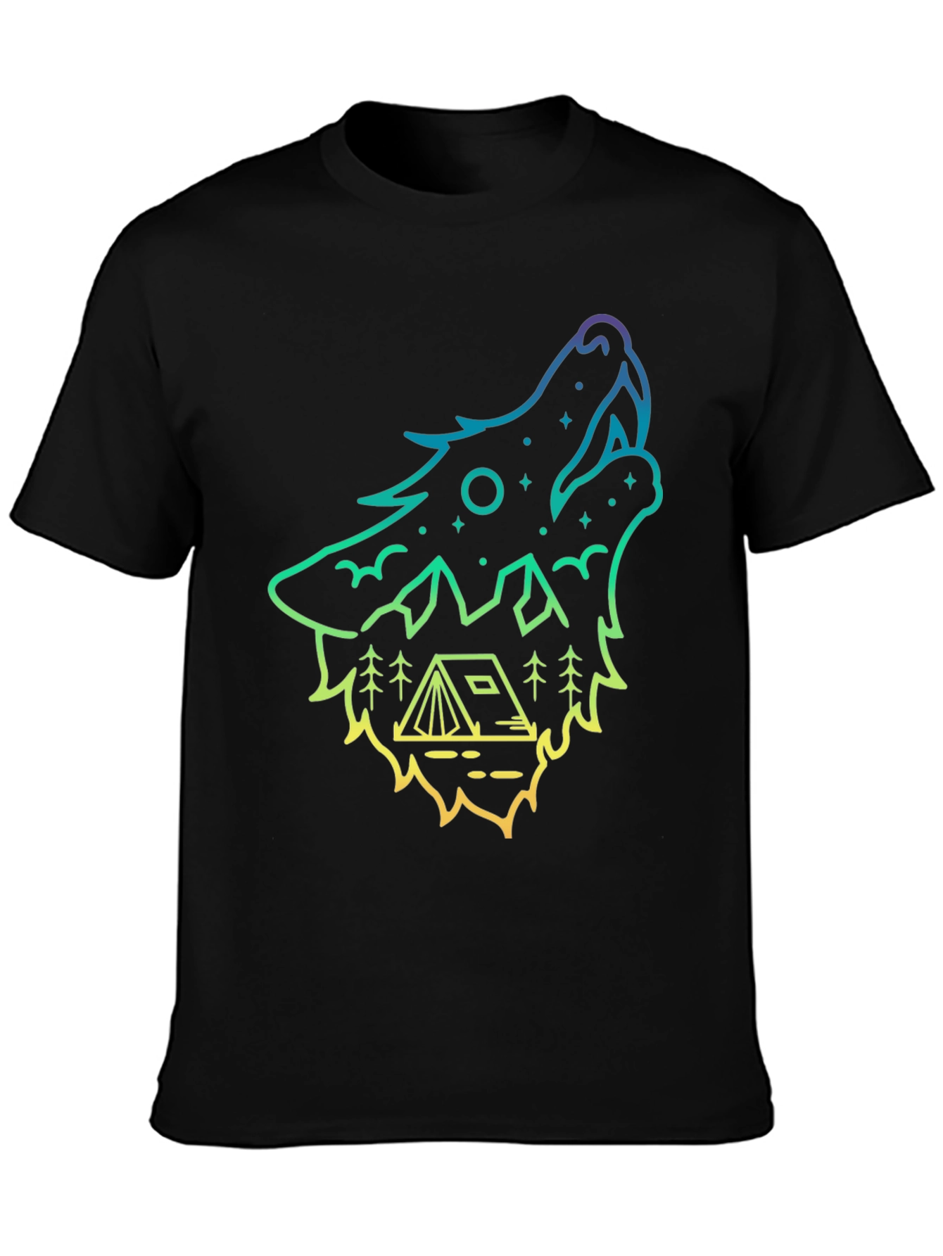 Black Wolf Howl Camping Tee - Gradient Outline Design view 3