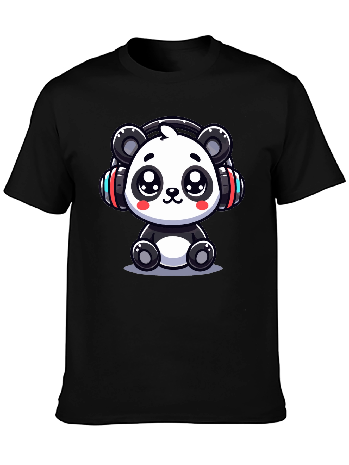 Black Cute Panda Headphones Black T-Shirt view 3