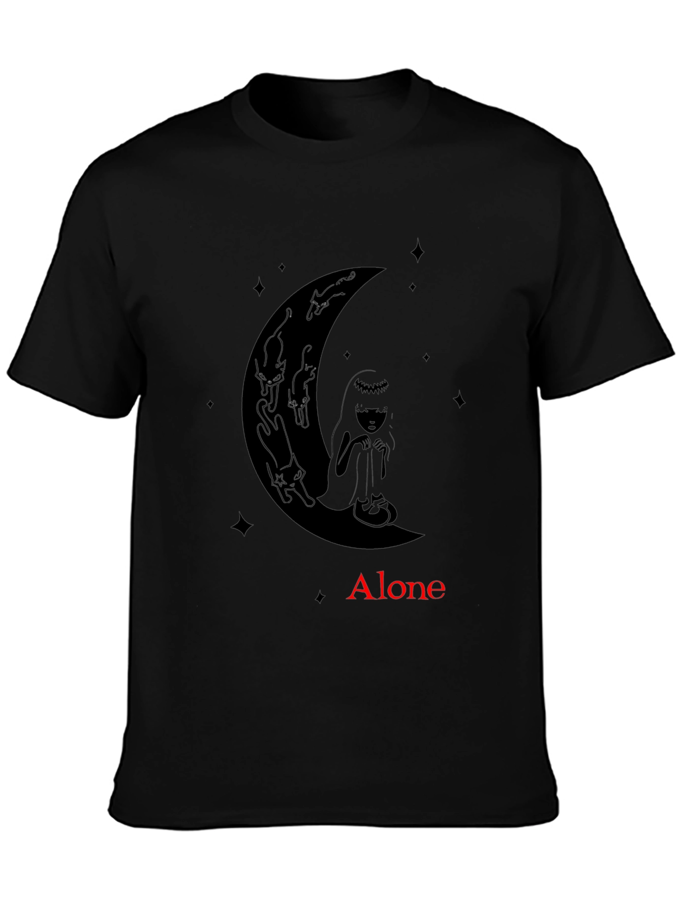 Black Alone Girl & Cats Moon Graphic Tee - Black view 3