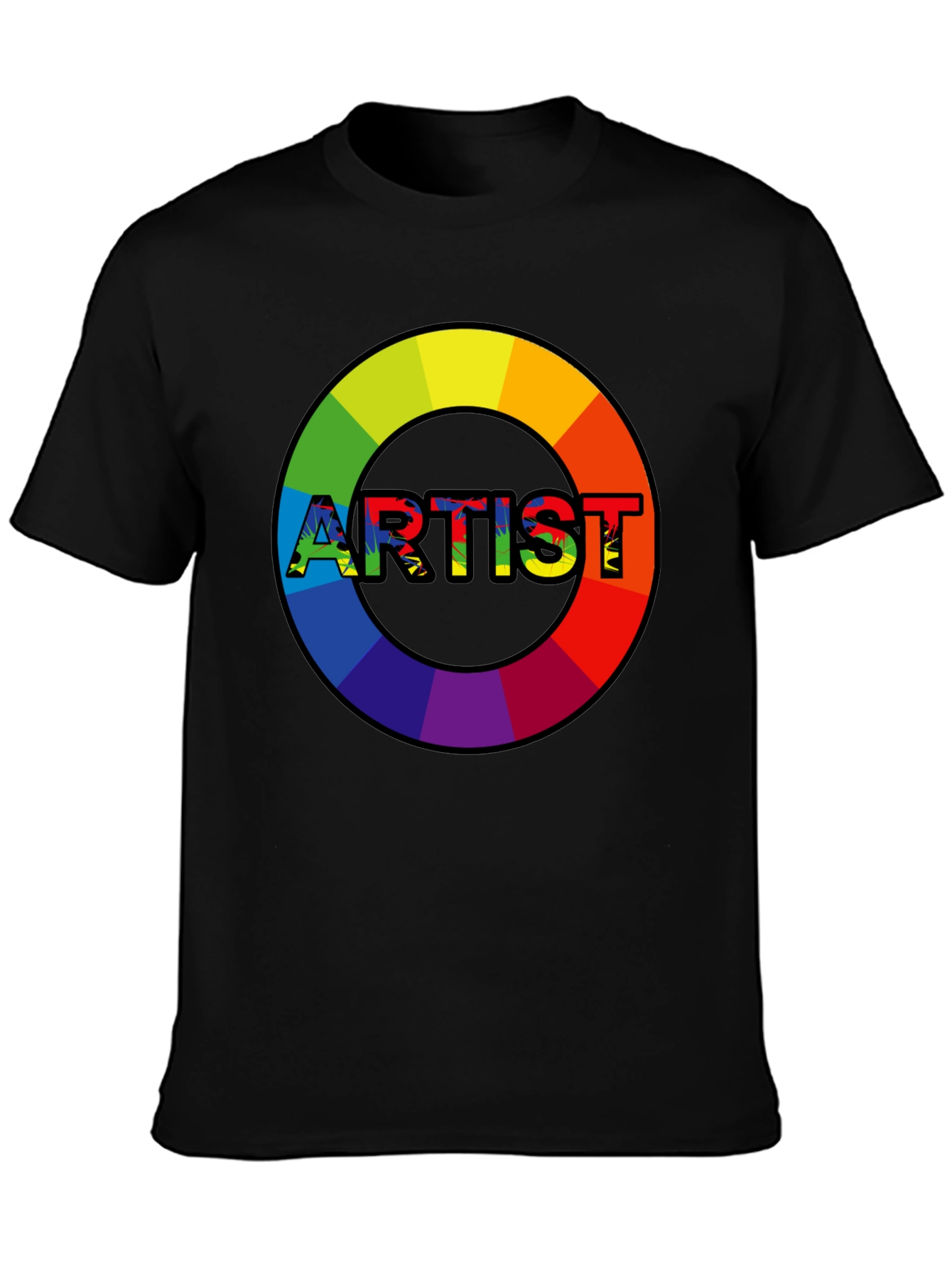 Black Rainbow Artist Circle Graphic Tee - Black Cotton Casual T-Shirt view 3