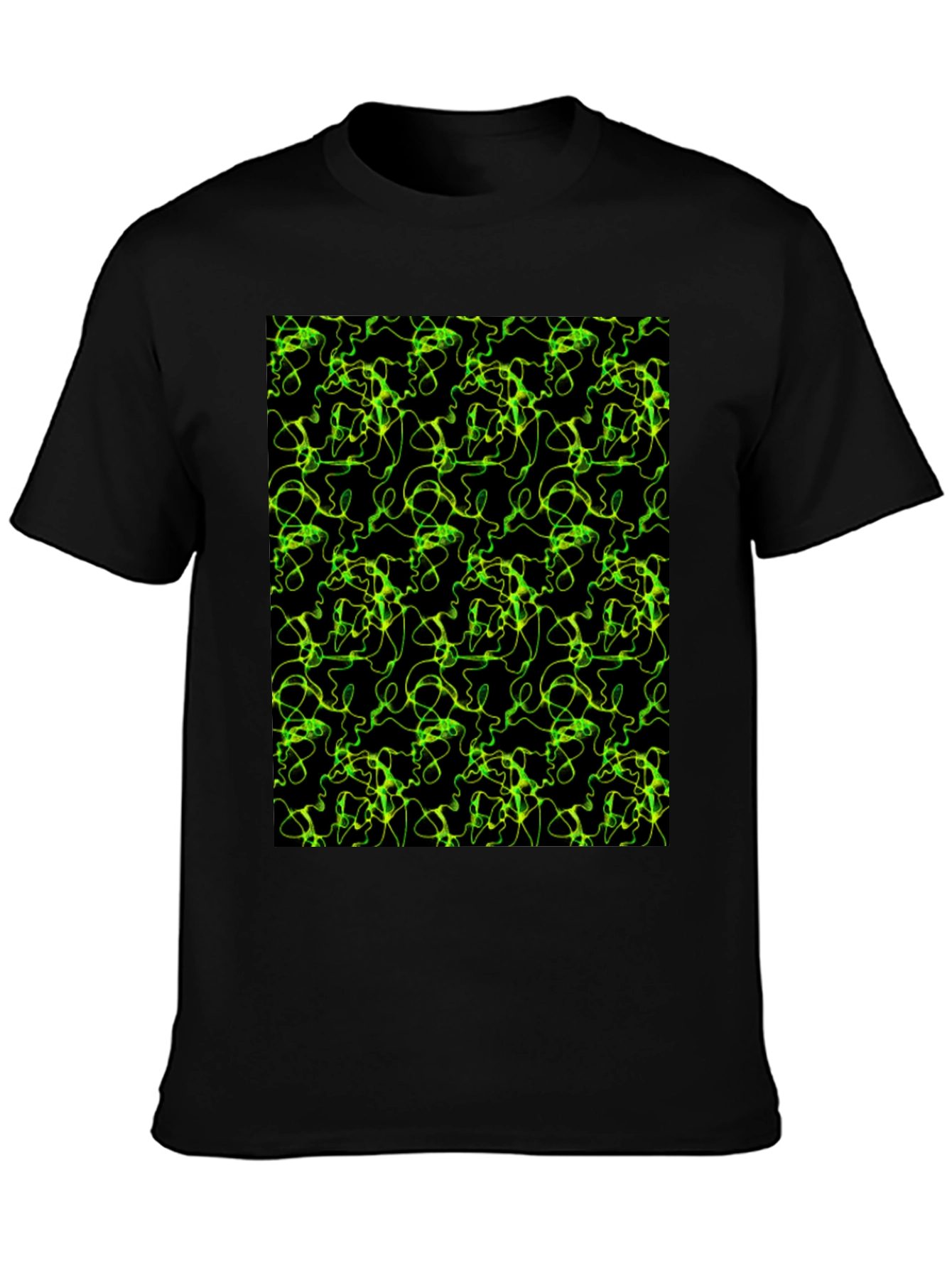 Black Abstract Green Line Pattern Black T-Shirt view 3