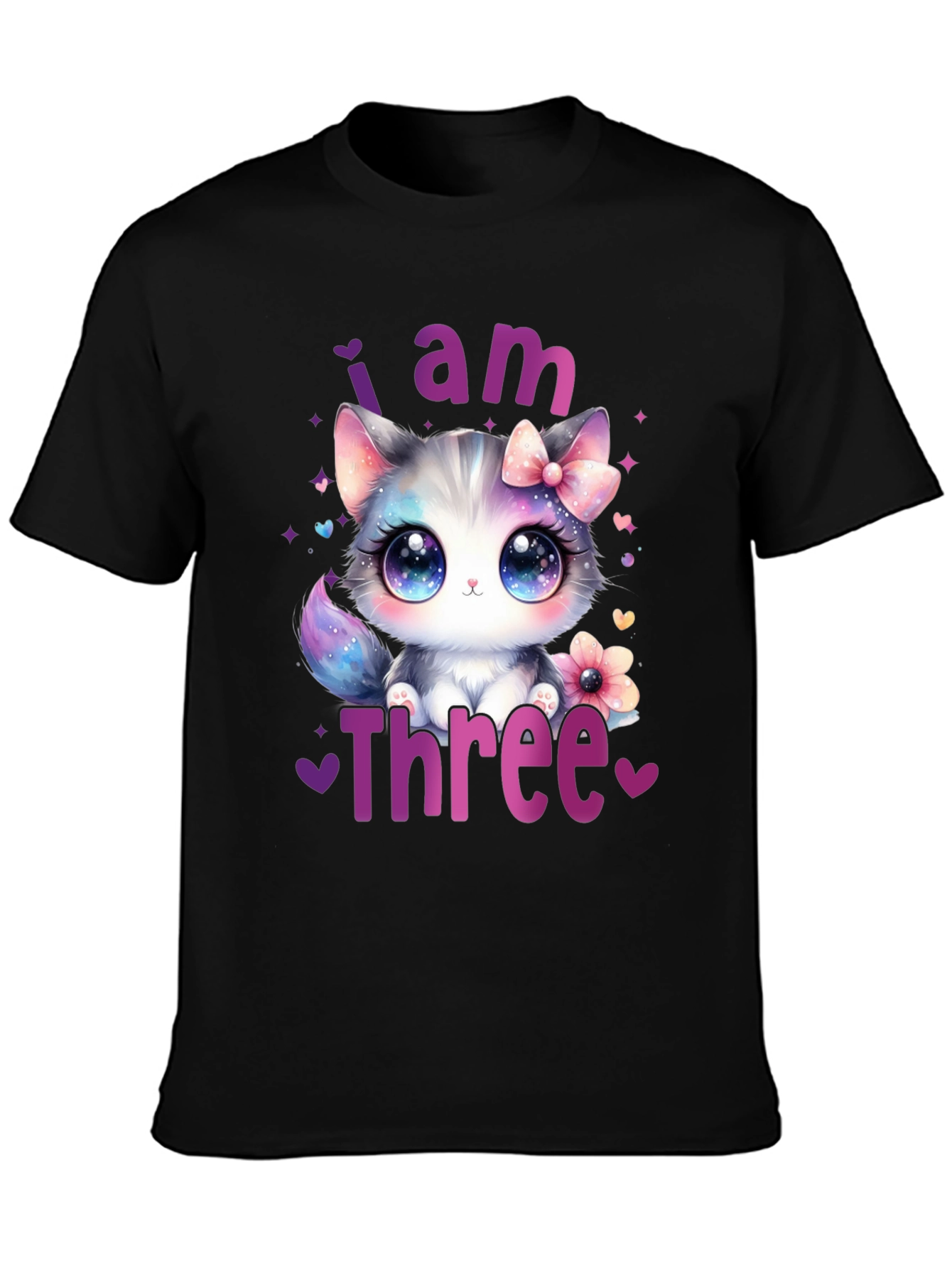 Black I Am Three Birthday Cat T-Shirt view 3