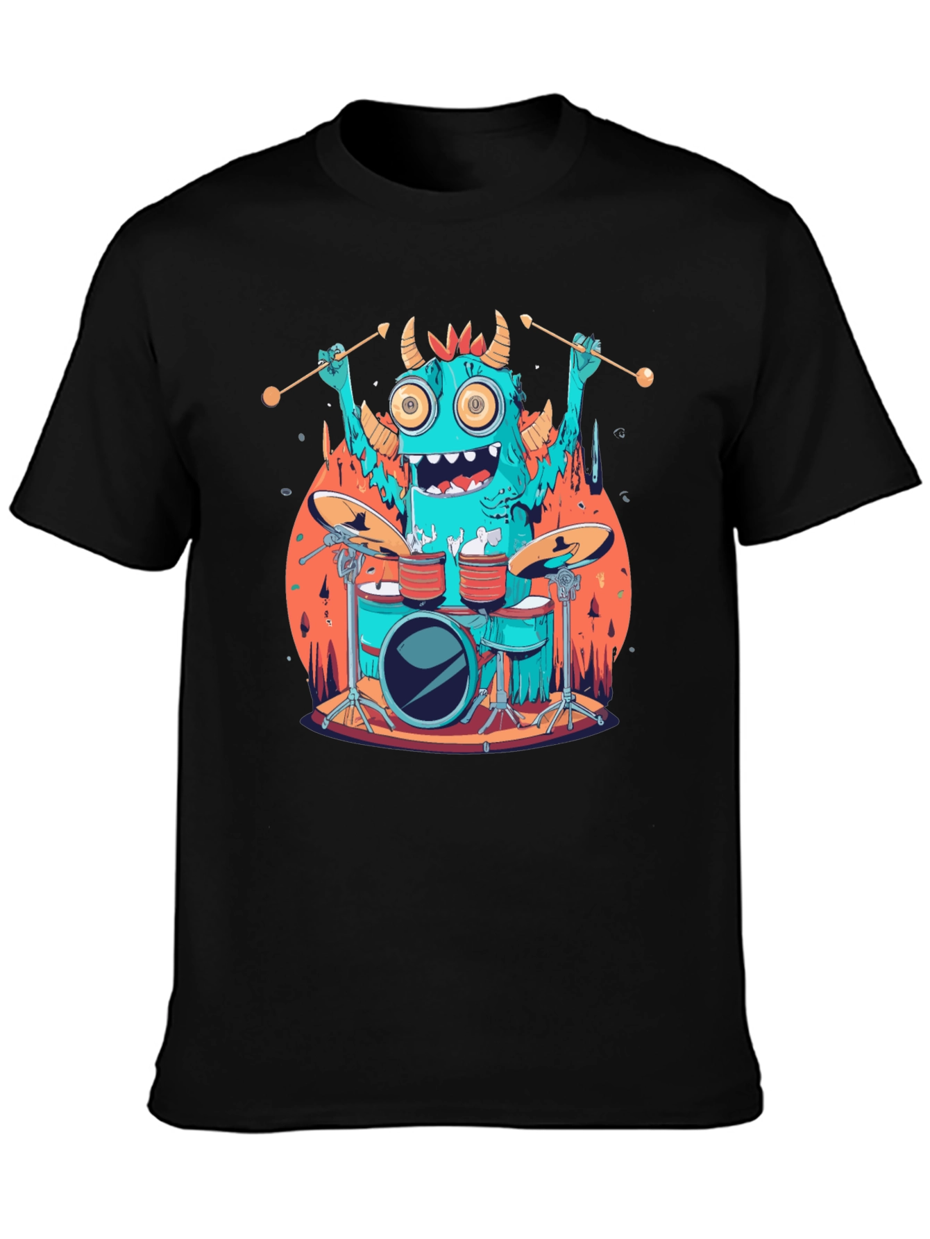 Black Monster Drummer Graphic Tee - Black Cotton T-Shirt view 3