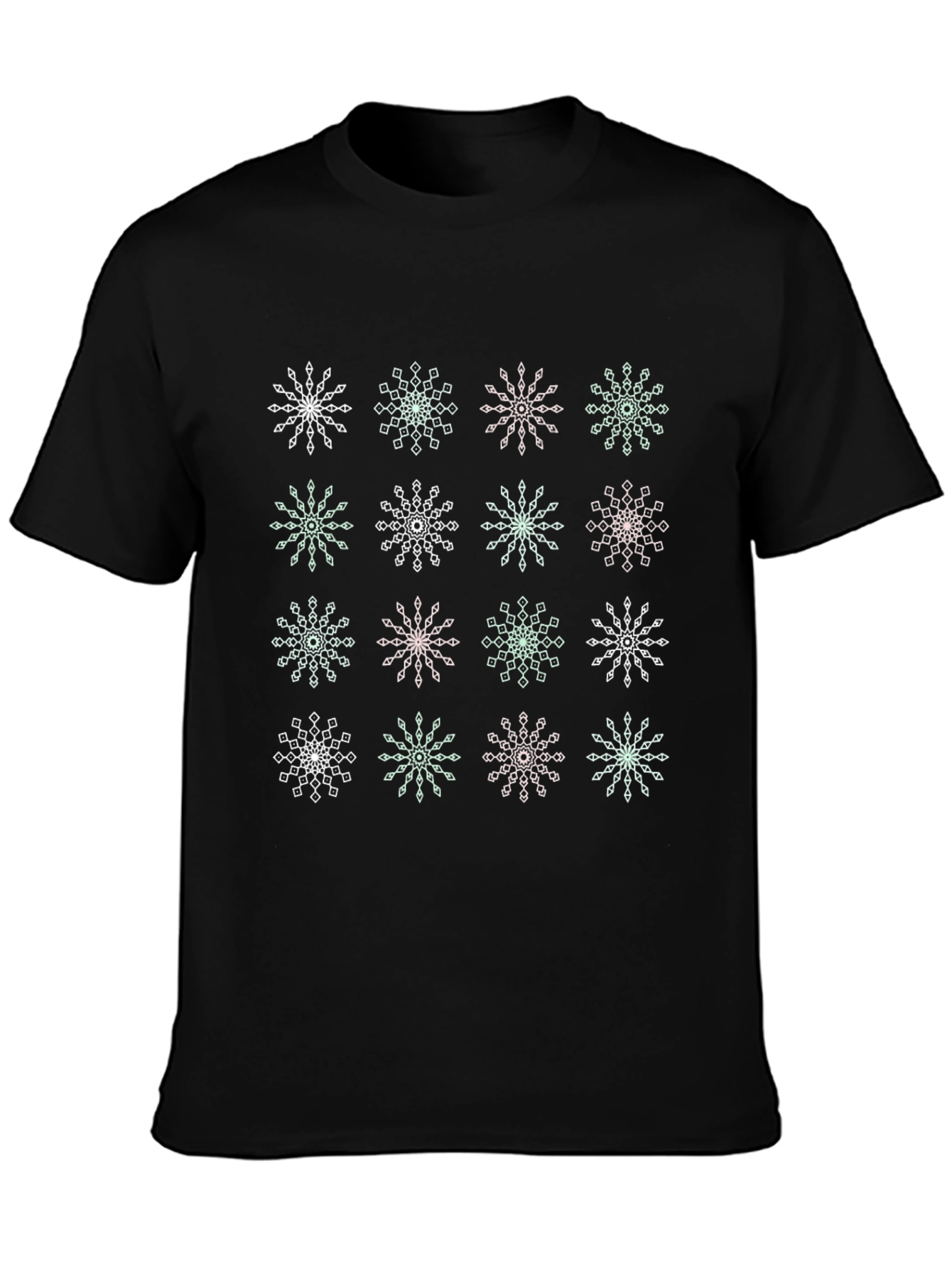Black Snowflake Pattern Black Crew Neck T-Shirt view 3