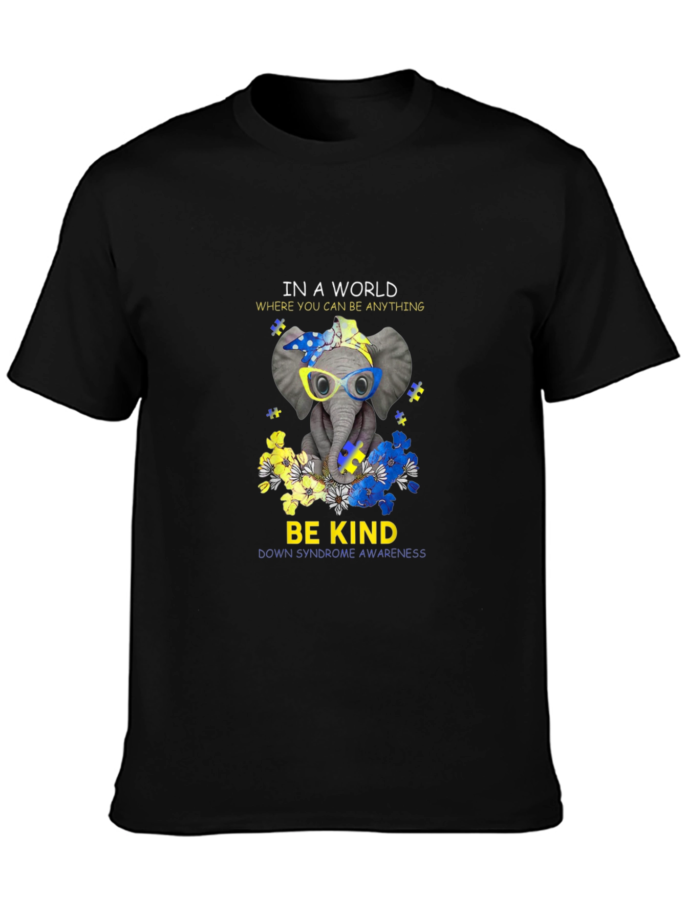 Black Be Kind Down Syndrome Awareness Elephant T-Shirt view 3