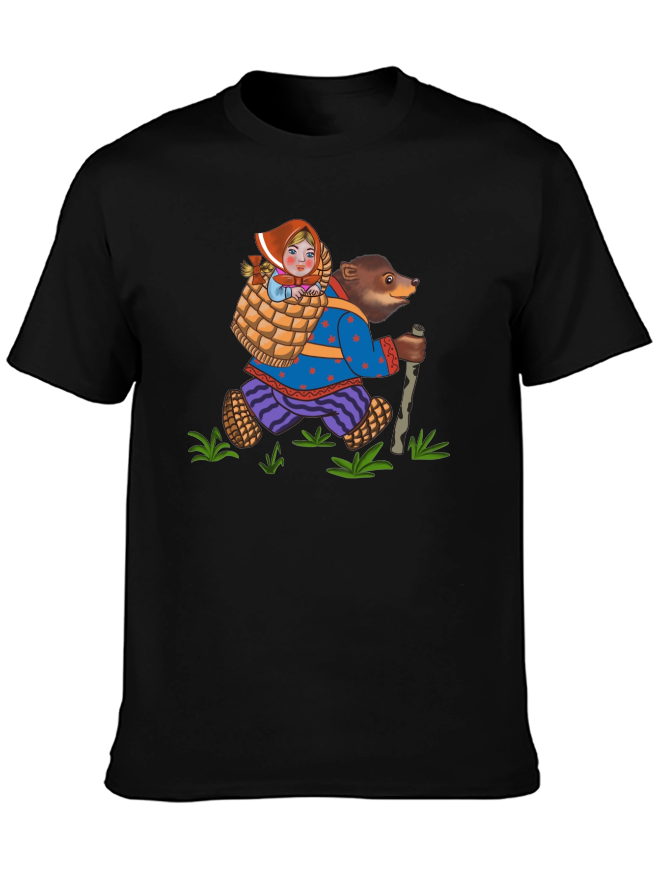 Black Bear and Girl Cartoon Black T-Shirt view 3