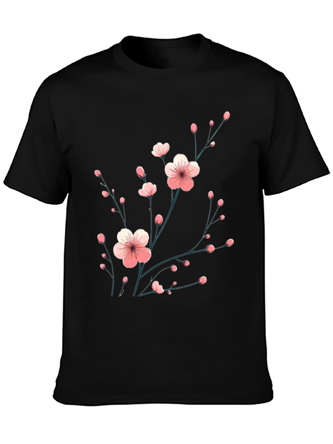 Black Black T-Shirt with Floral Cherry Blossom Design view 3