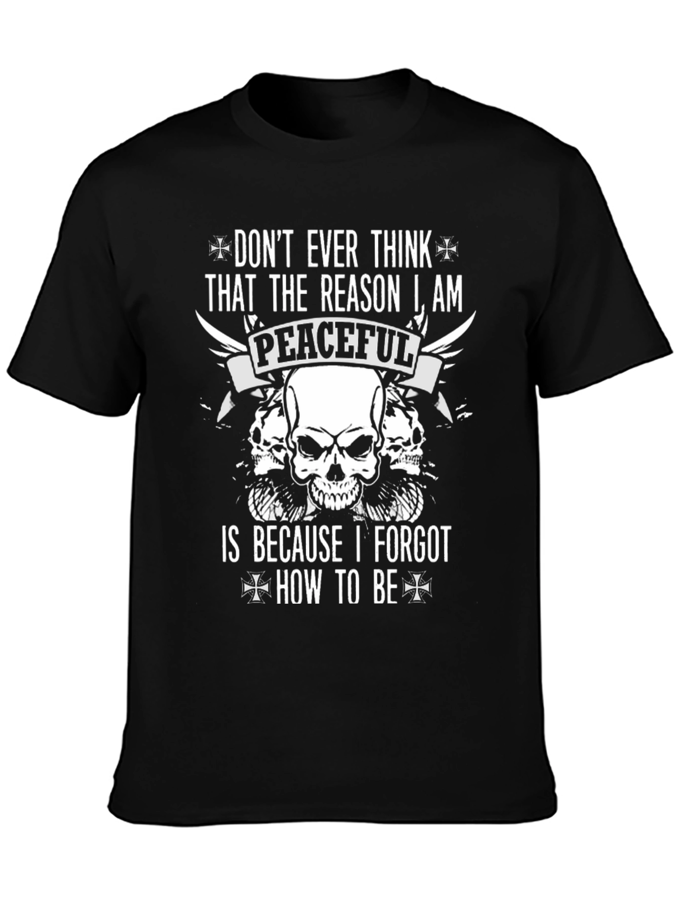 Black Edgy Graphic T-Shirt: Peaceful Skull Design for Men view 3