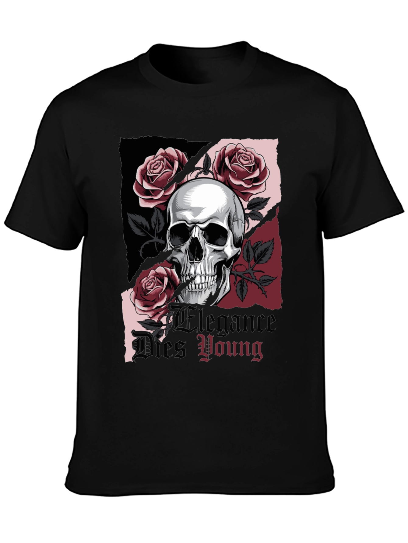Black Skull & Roses Graphic Tee - Elegance Dies Young view 3