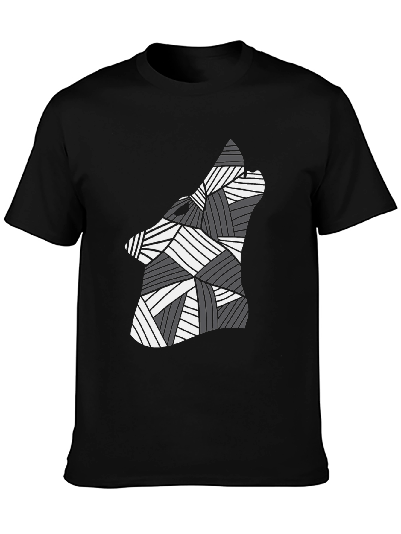 Black Abstract Geometric Wolf Graphic Black Tee Shirt view 3