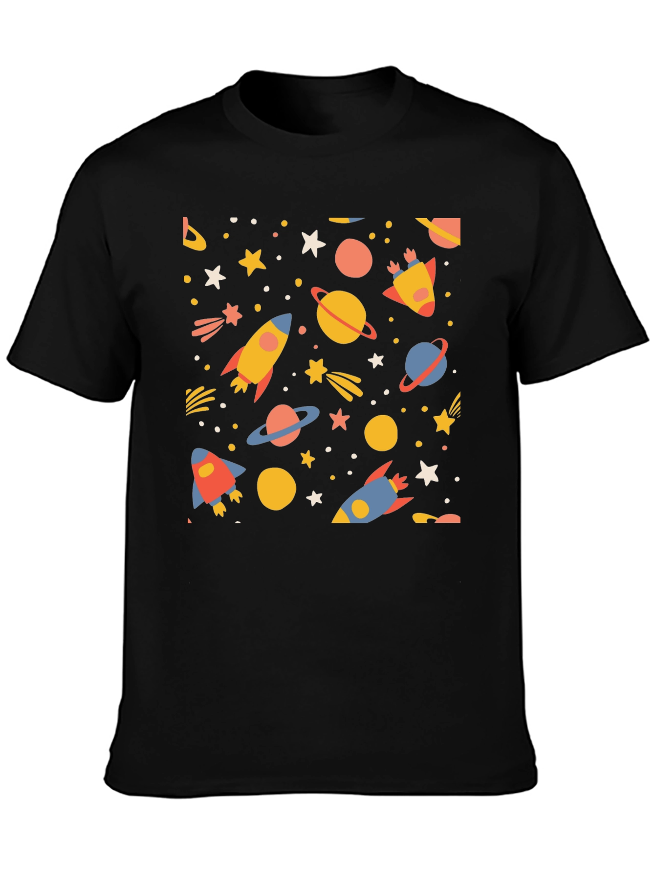 Black Cosmic Adventure T-Shirt - Space Rockets & Planets view 3