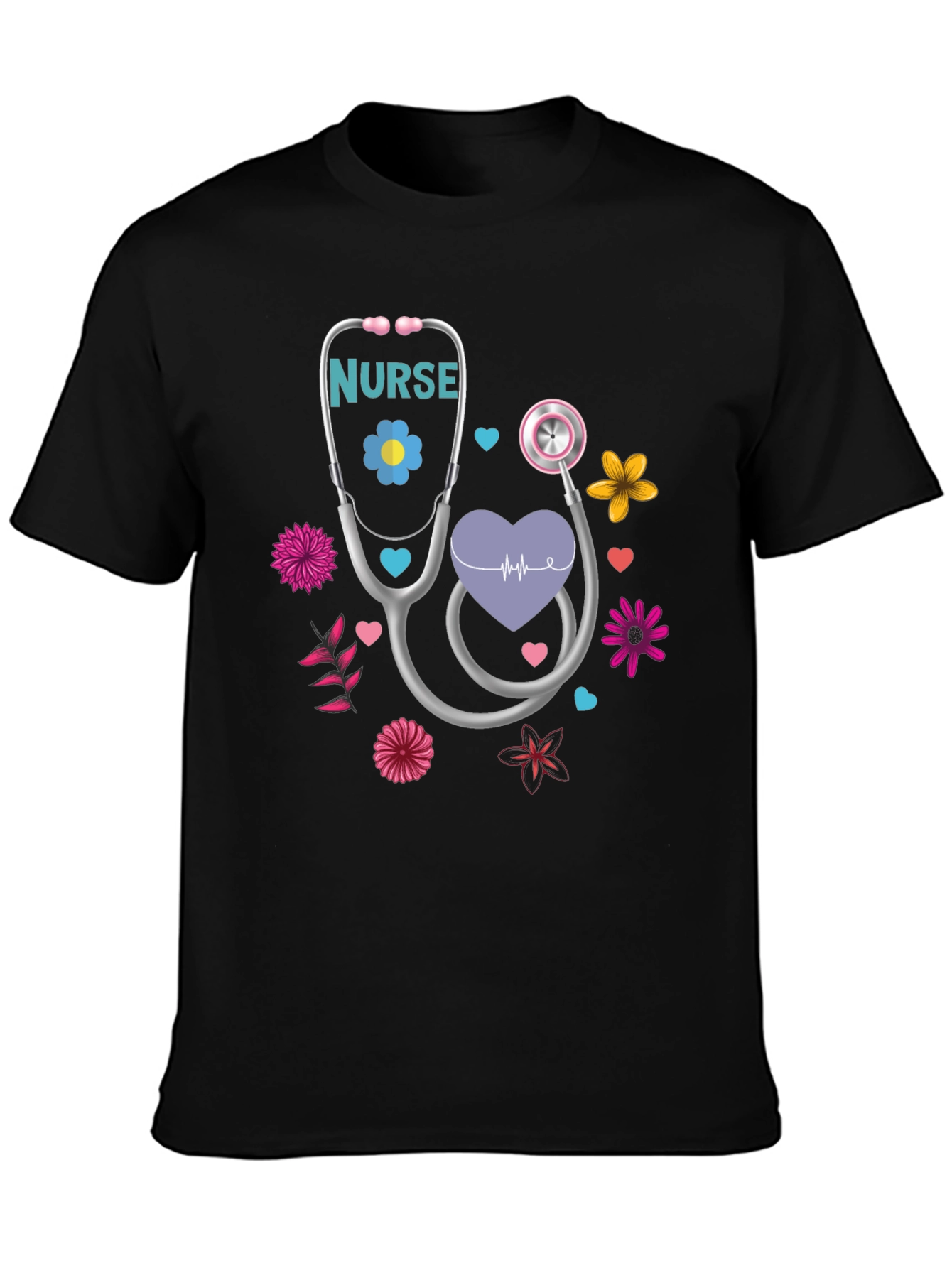 Black Nurse Stethoscope Floral Heart T-Shirt view 3
