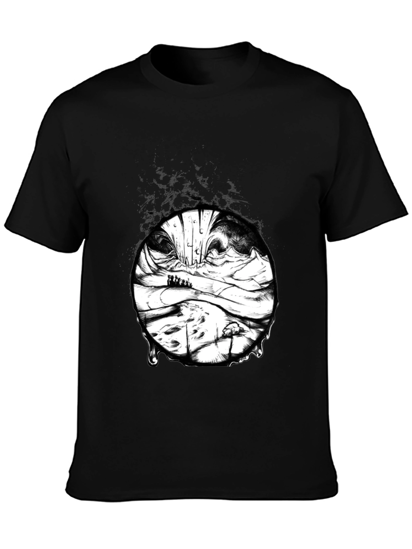 Black Artistic Black T-Shirt with Surreal Landscape Print view 3