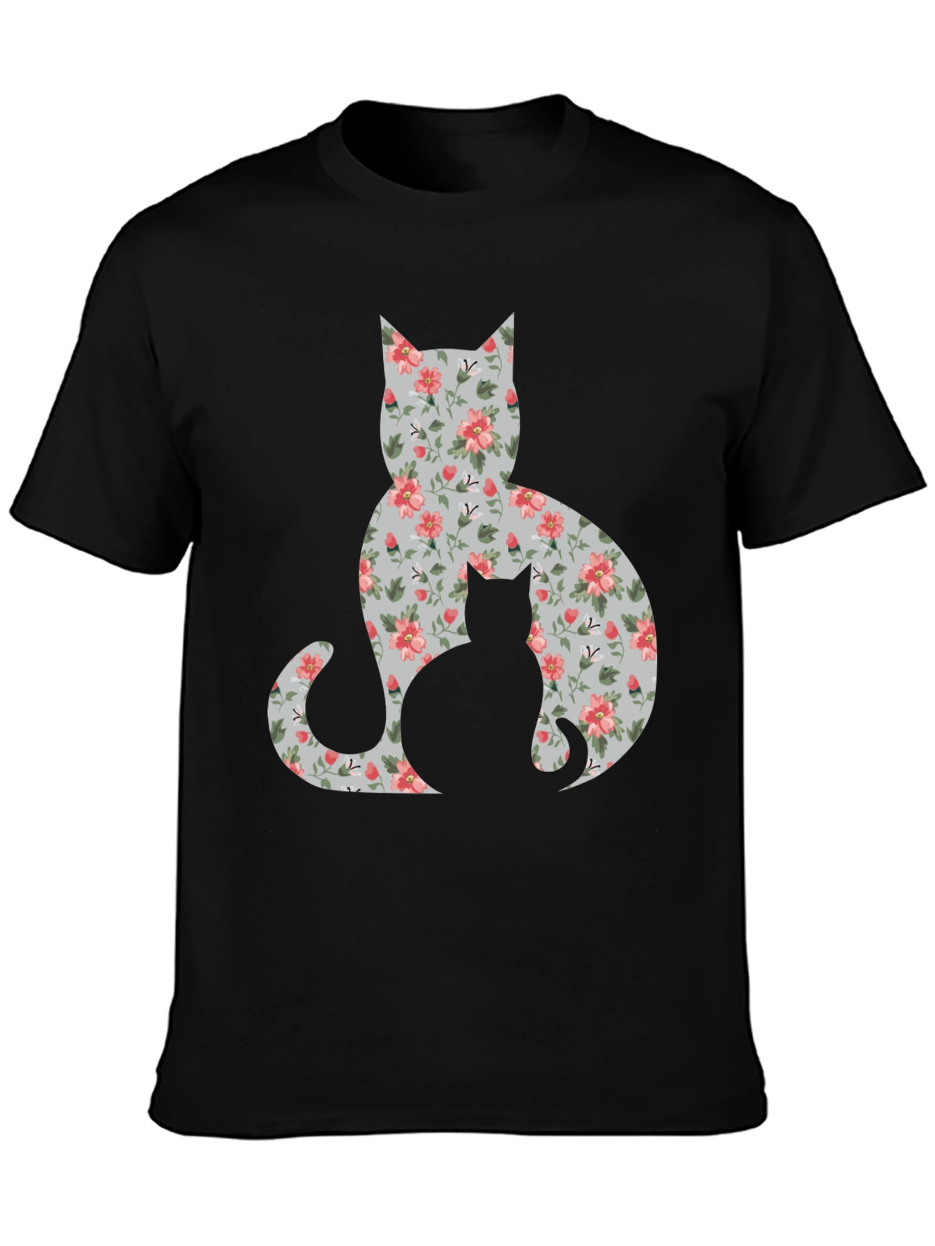 Black Floral Cat Silhouette T-Shirt - Stylish Tee view 3