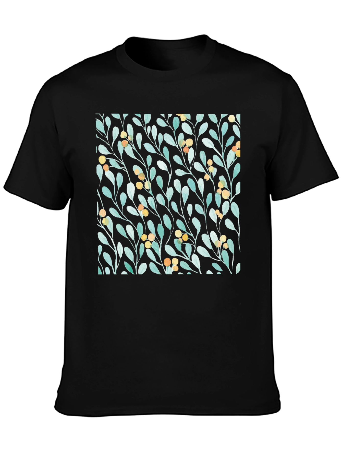 Black Botanical Leaves & Berries Black T-Shirt view 3