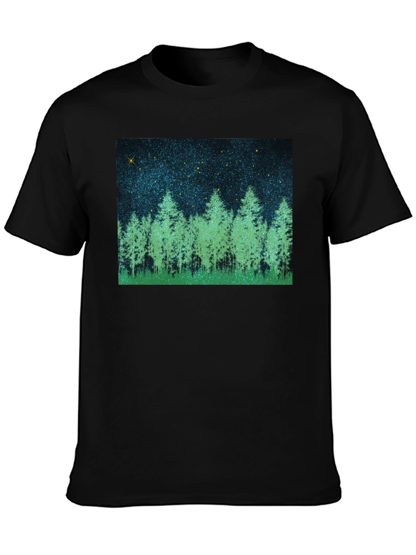 Black Starry Forest Graphic Tee - Black Cotton Blend T-Shirt view 3