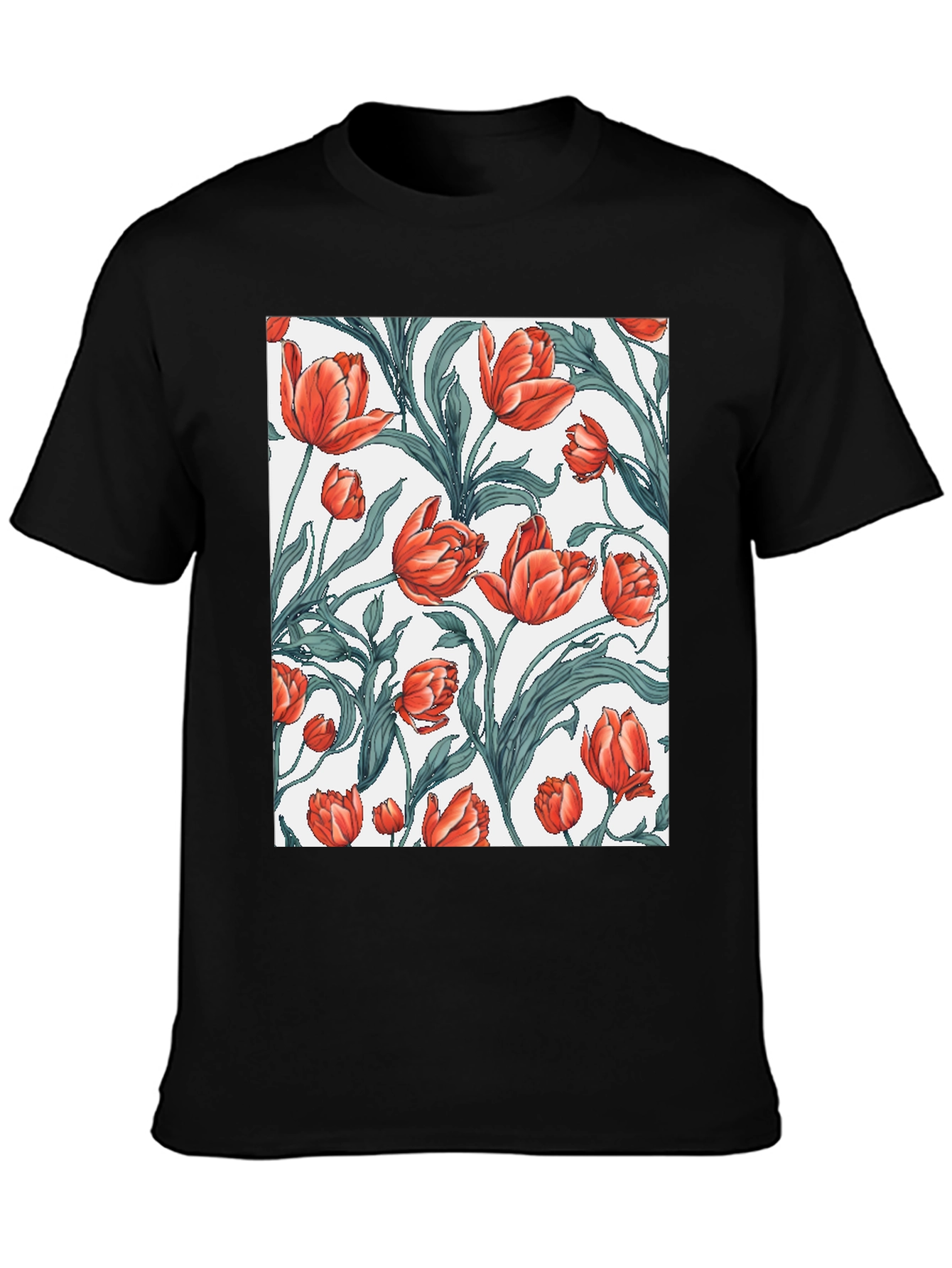 Black Floral Tulip Print Black T-Shirt view 3