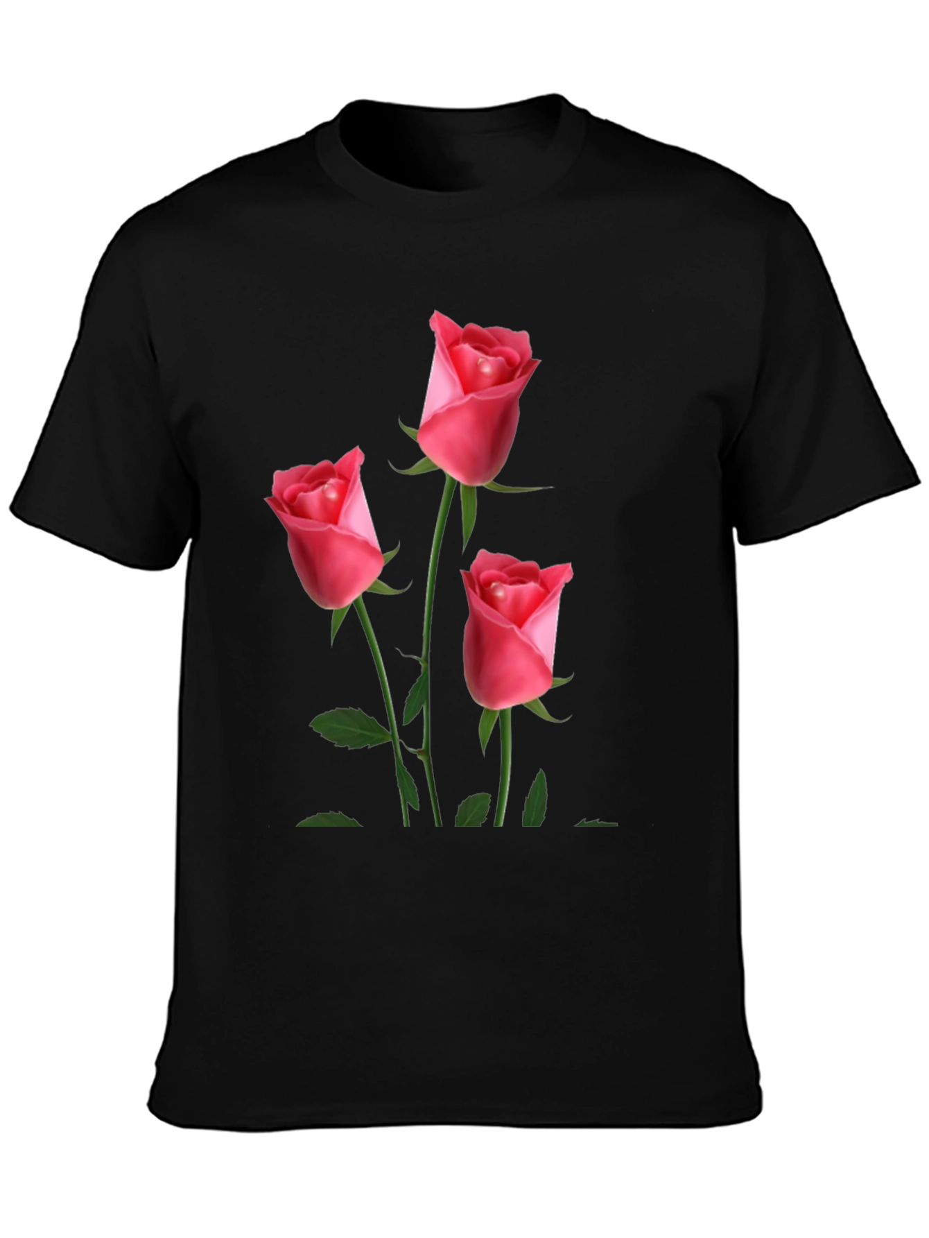 Black Men's Black T-Shirt with Rose Design view 3