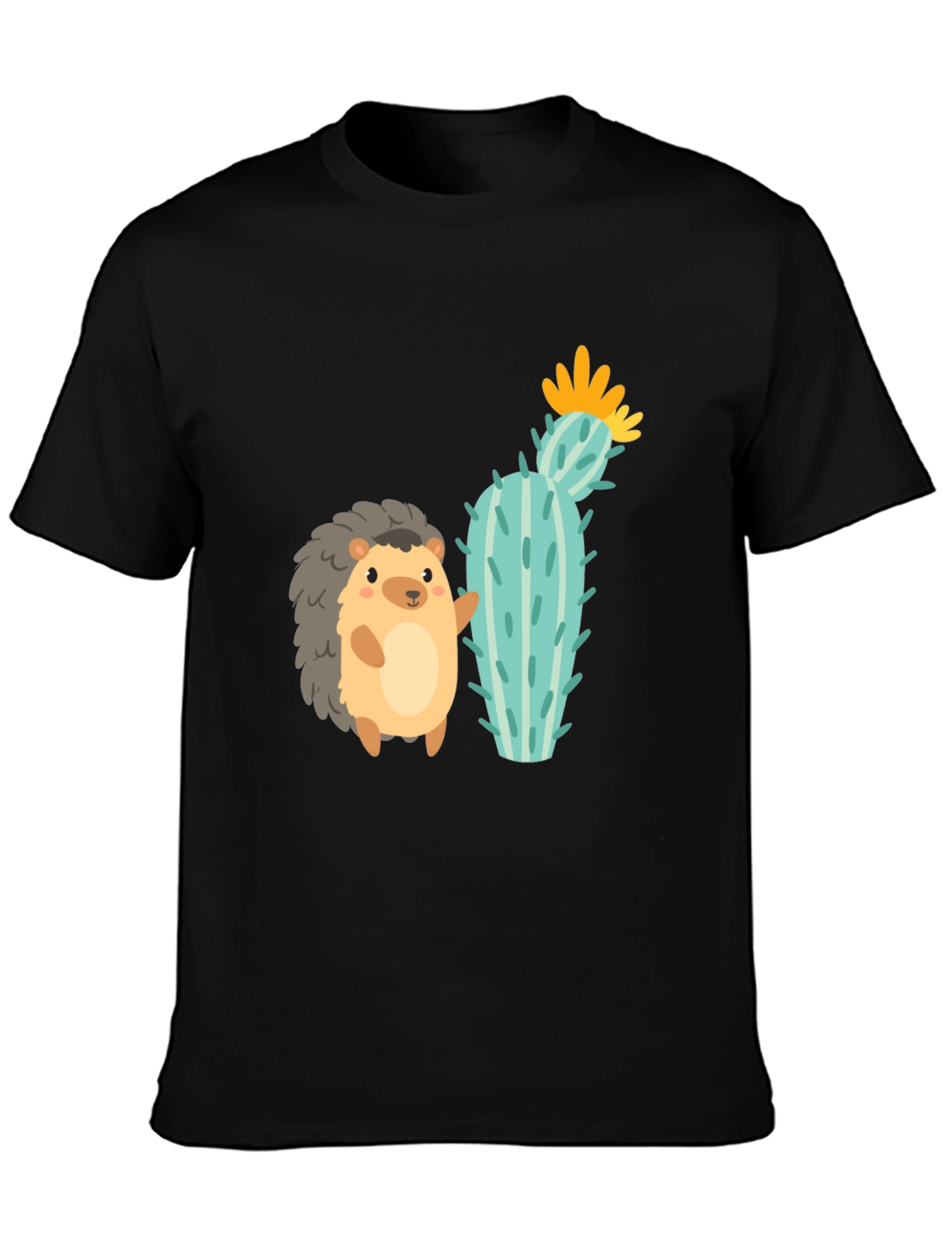 Black Cute Hedgehog & Cactus Graphic Tee - Unisex Black T-Shirt view 3