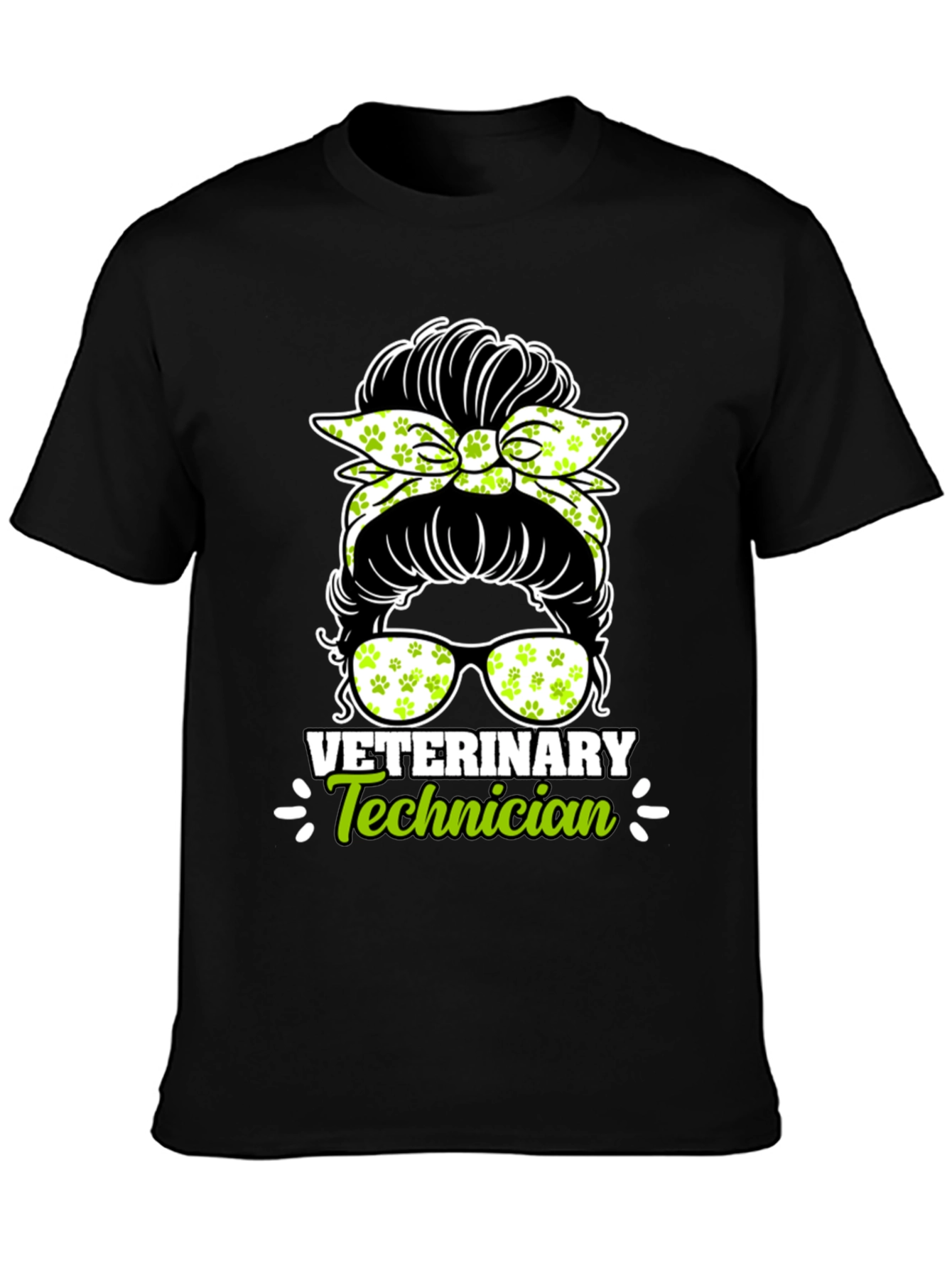 Black Veterinary Technician Messy Bun T-Shirt view 3