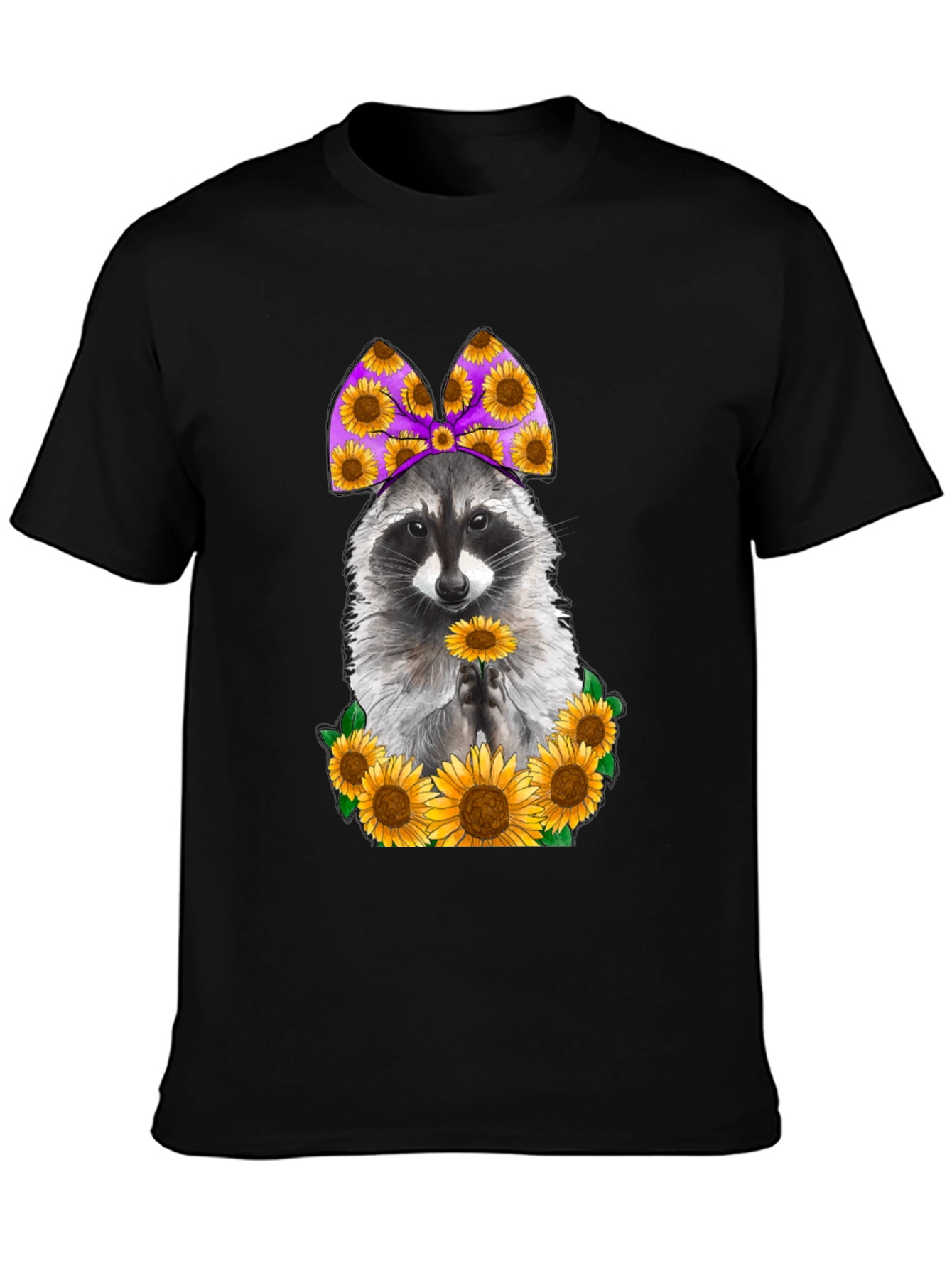 Black Raccoon Sunflower Graphic T-Shirt view 3