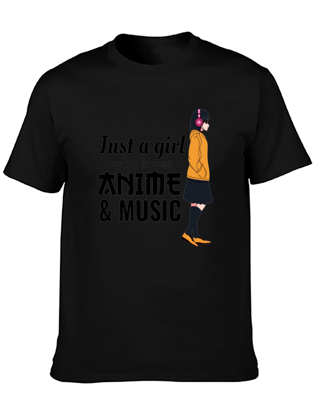 Black Anime & Music Girl T-Shirt - Black view 3