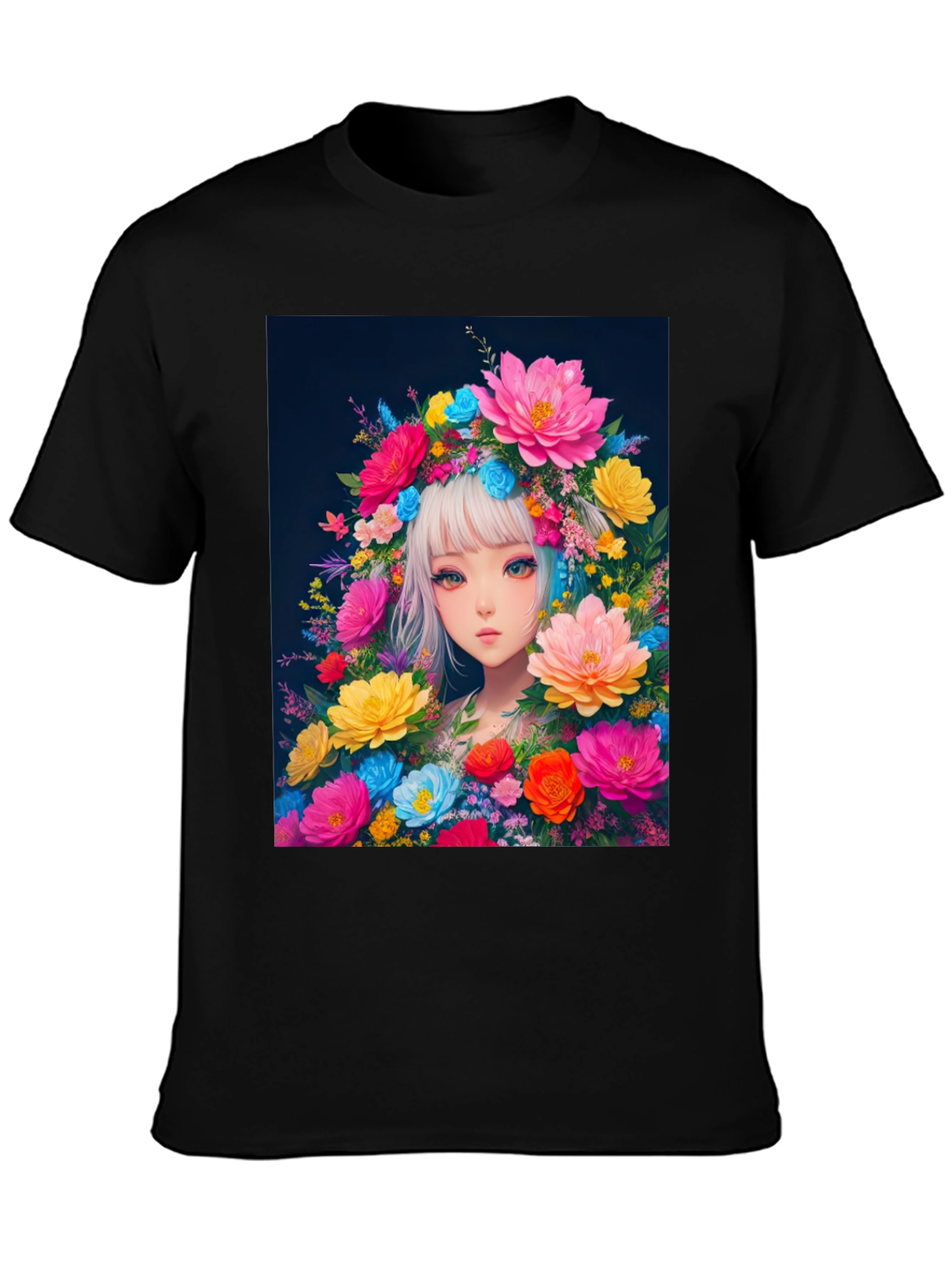 Black Floral Anime Girl Graphic Tee - Black Cotton T-Shirt view 3