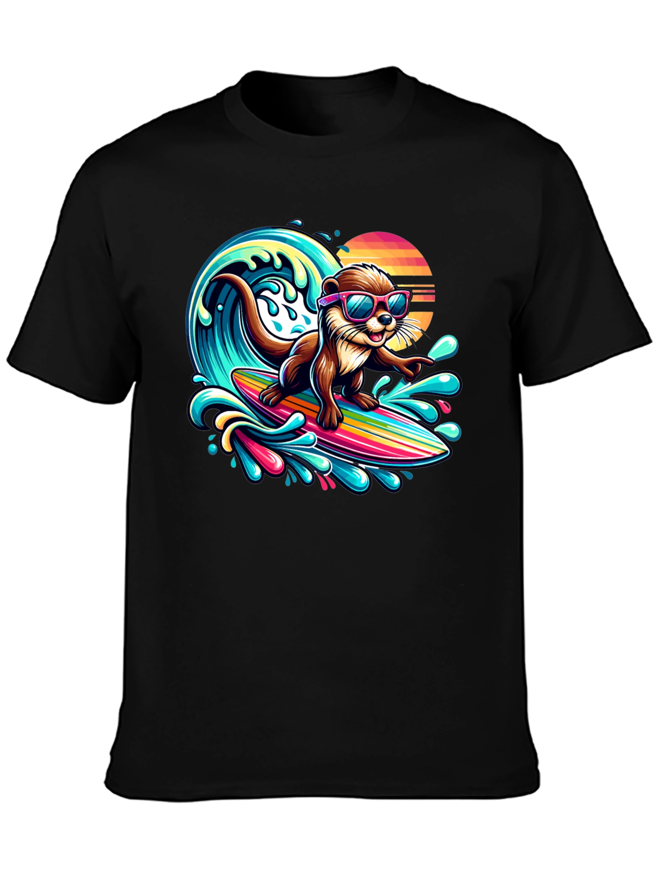 Black Surfing Otter T-Shirt - Cool Cartoon Graphic Tee view 3