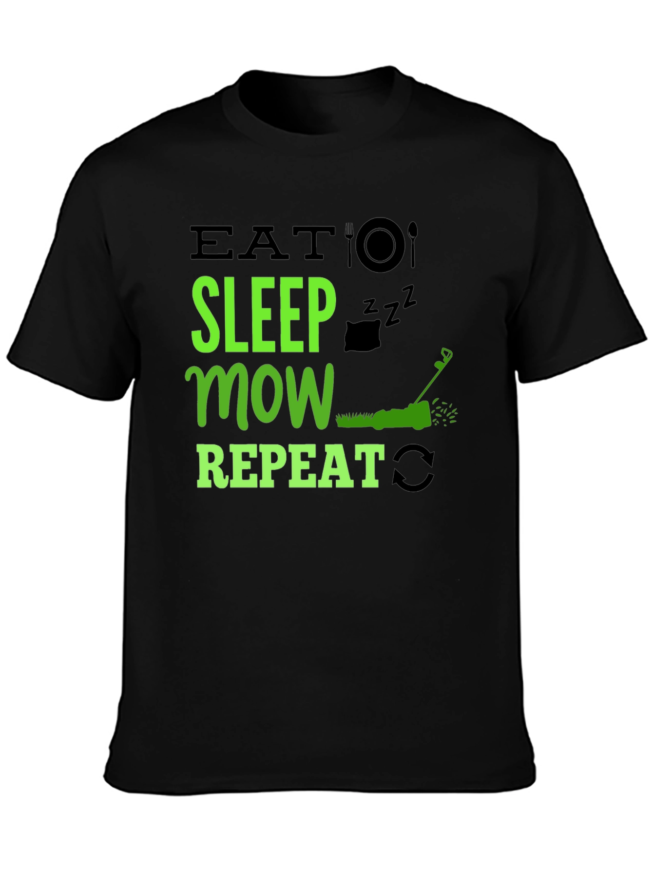 Black Eat Sleep Mow Repeat T-Shirt - Lawn Care Humor view 3