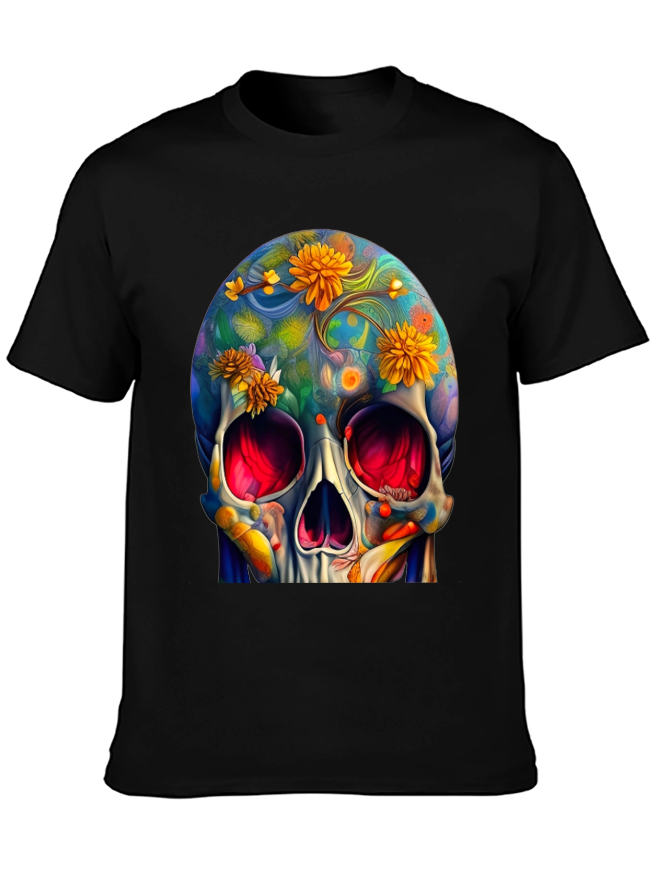 Black Floral Skull Graphic Tee - Unique Art Design view 3