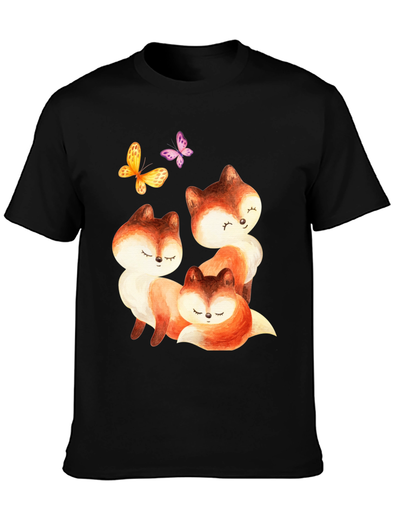 Black Cute Fox & Butterfly Graphic Tee view 3
