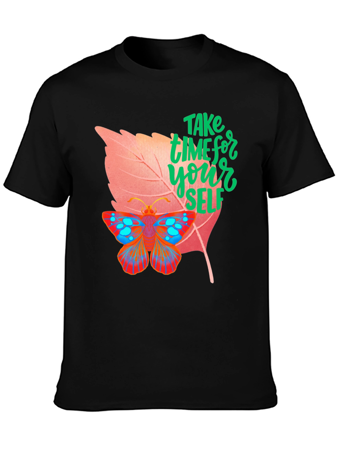 Black Take Time for Yourself T-Shirt Butterfly & Leaf Design view 3