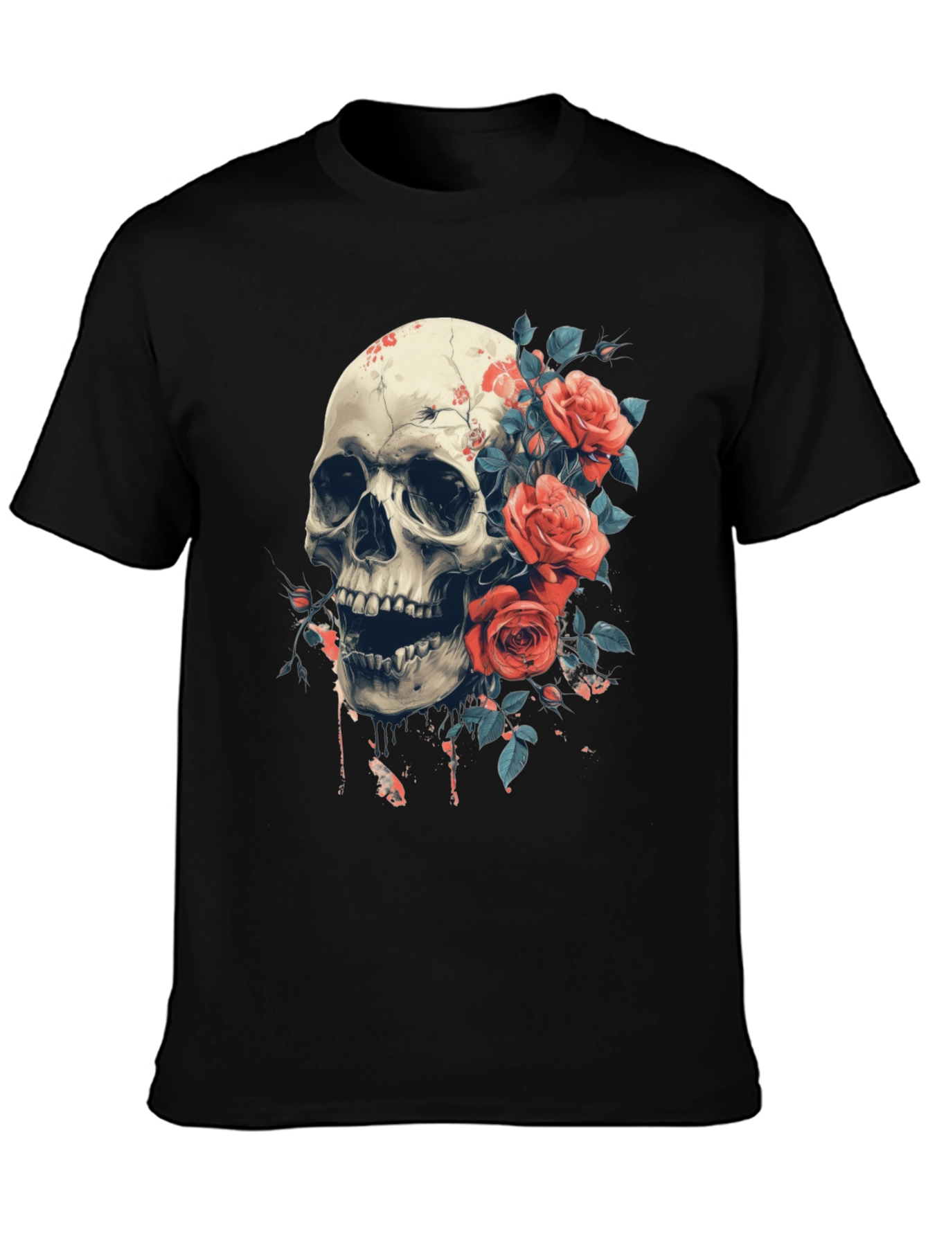 Black Skull & Roses Graphic Tee - Bold Gothic Style view 3