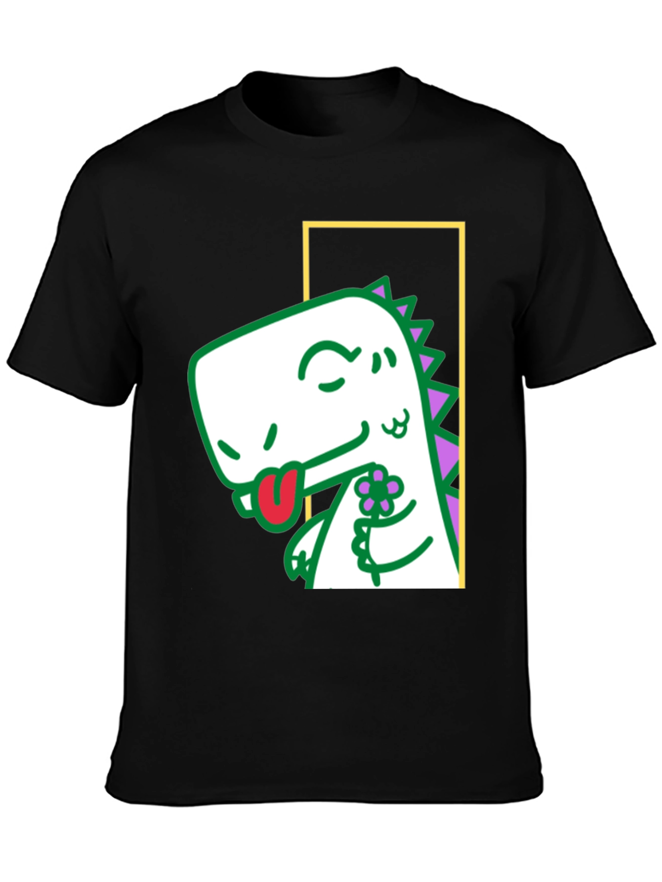 Black Dinosaur Holding Flower Graphic Tee view 3