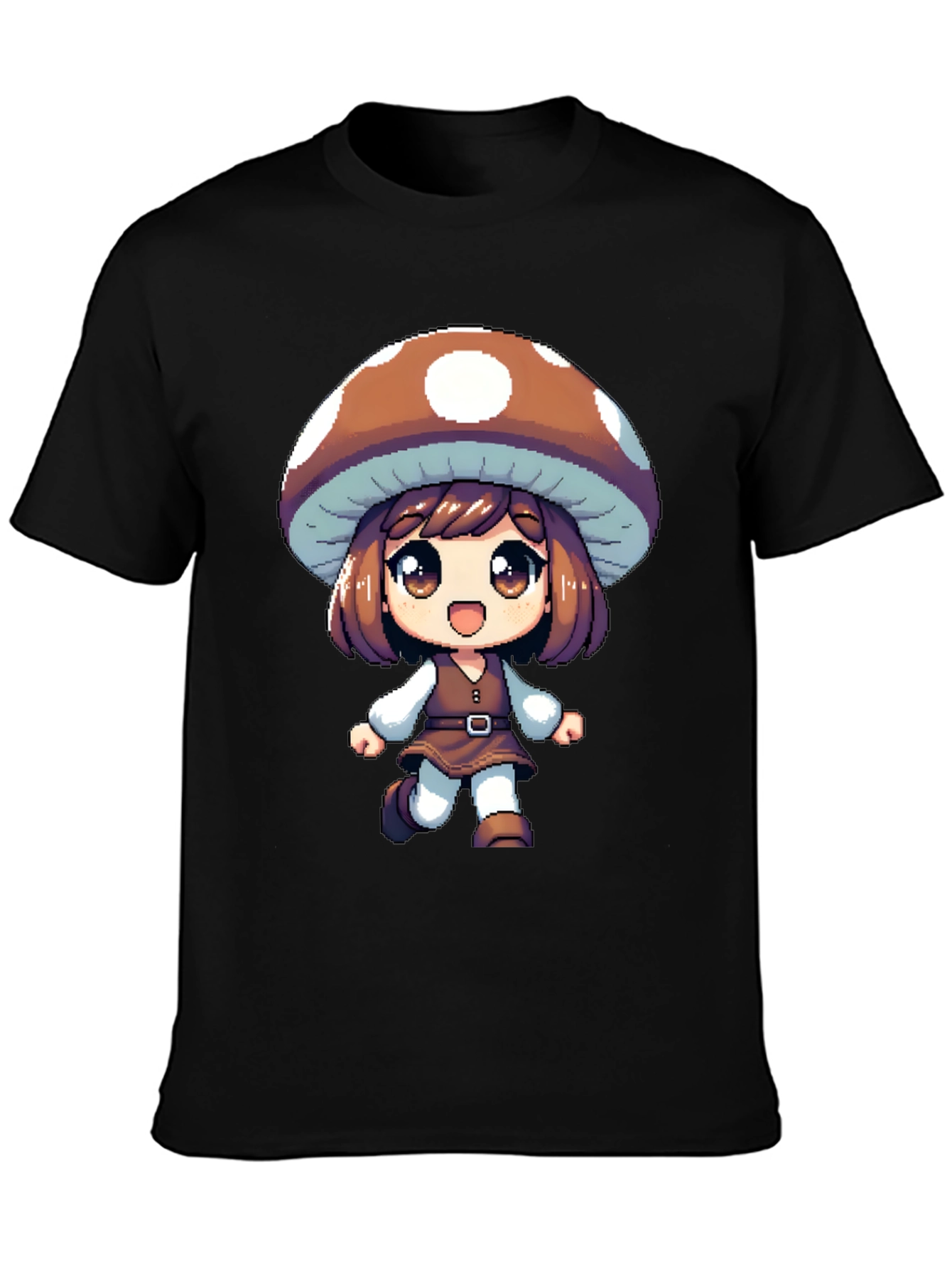 Black Mushroom Girl Black T-Shirt Anime Pixel Art view 3