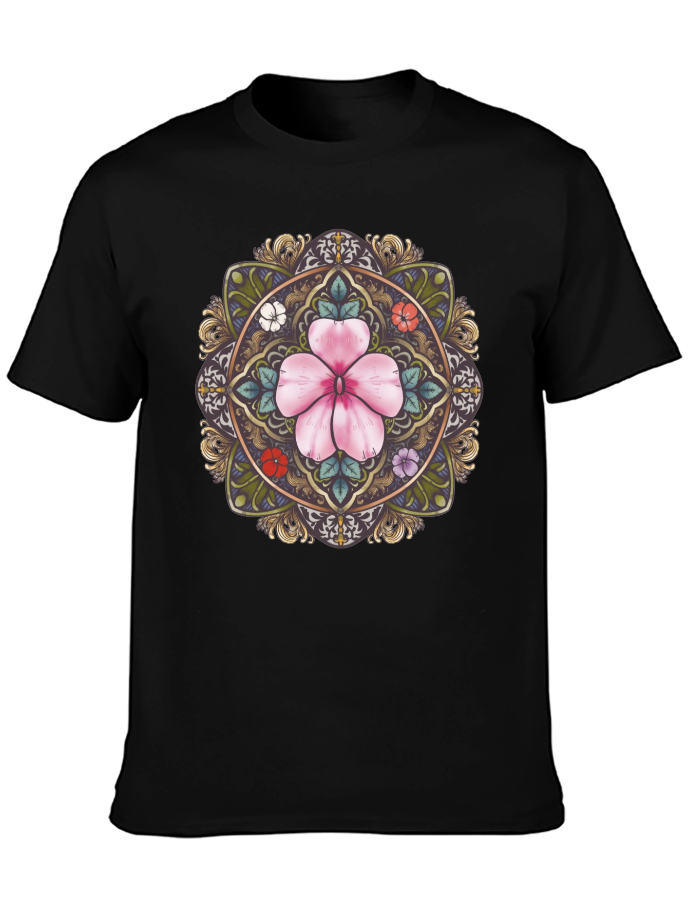 Black Floral Mandala Graphic Tee - Stylish Black T-Shirt view 3