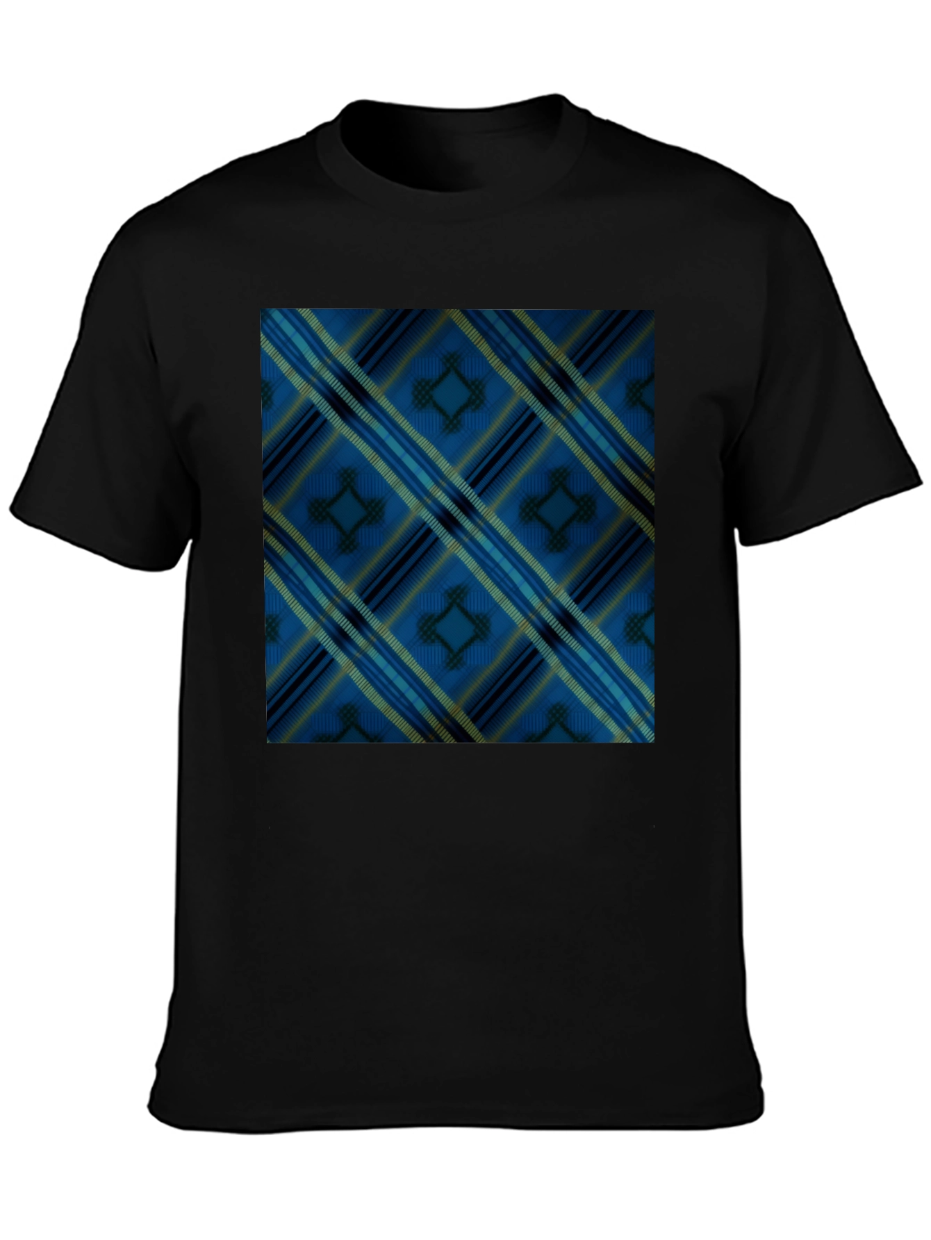 Black Blue Plaid Pattern Black T-Shirt view 3
