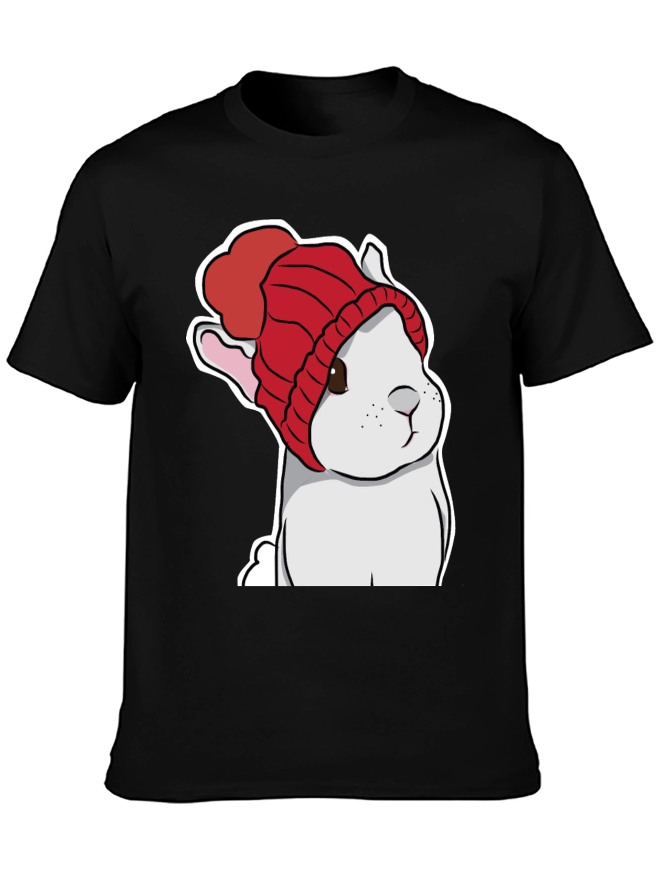 Black Cute Bunny in Red Knit Hat T-Shirt view 3