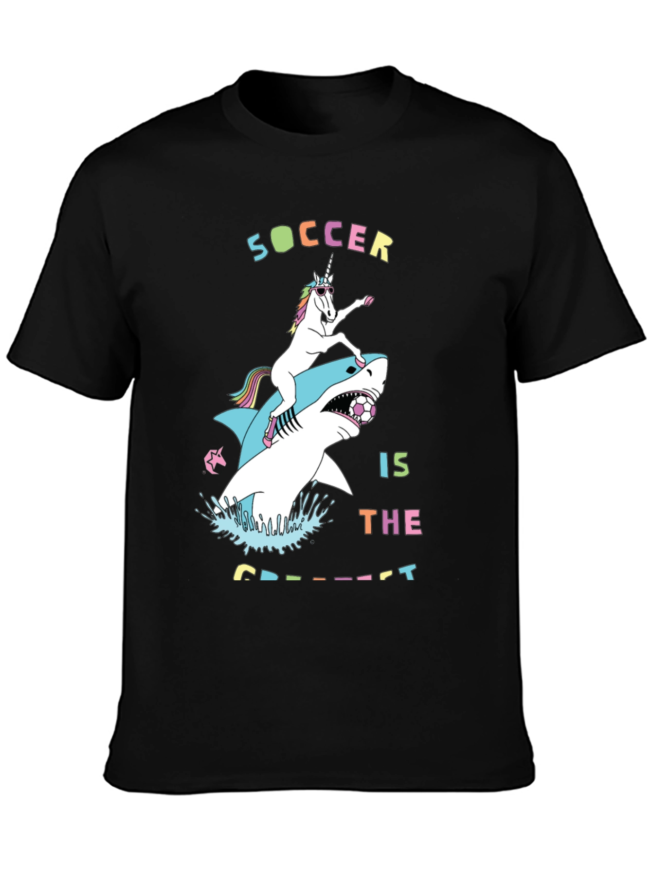 Black Unicorn Riding Shark Soccer T-Shirt view 3